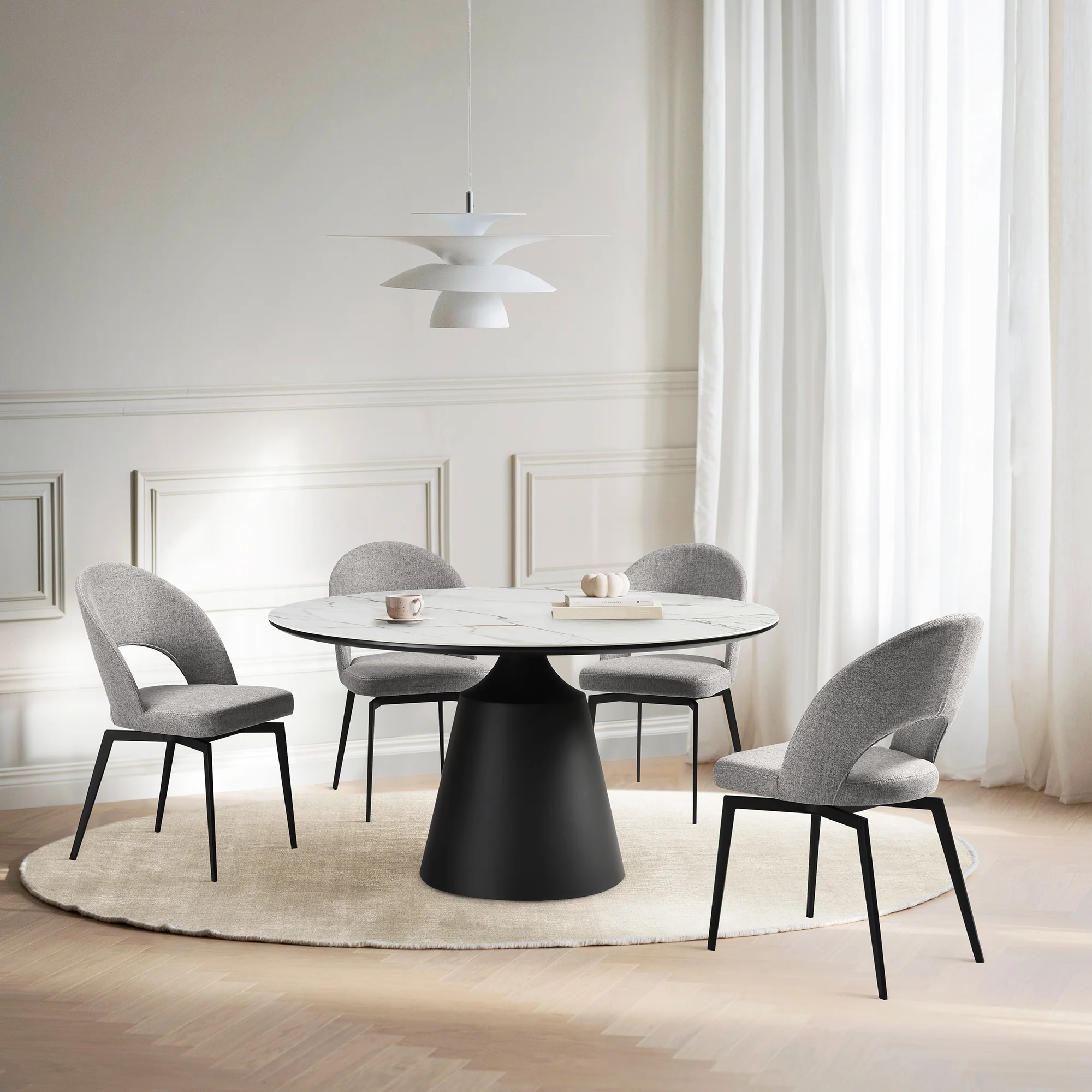 Knox Lucia 5 Piece Dining Set with Stone Top and Gray Fabric Chairs By Armen Living