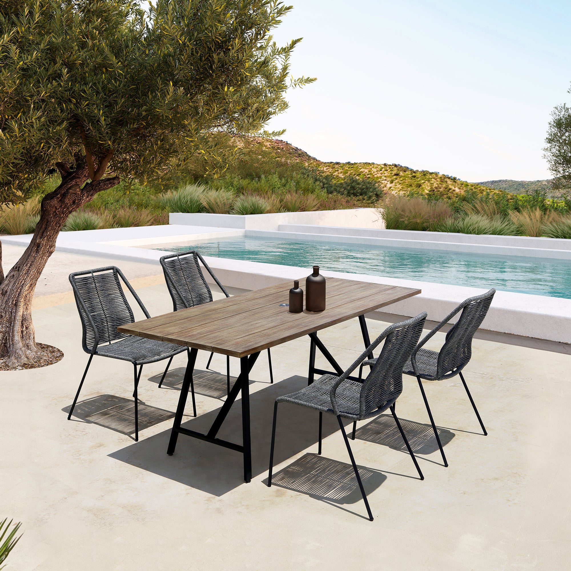 Koala and Clip 5 Piece Dining Set in Light Eucalyptus Wood and Metal with Grey Rope By Armen Living