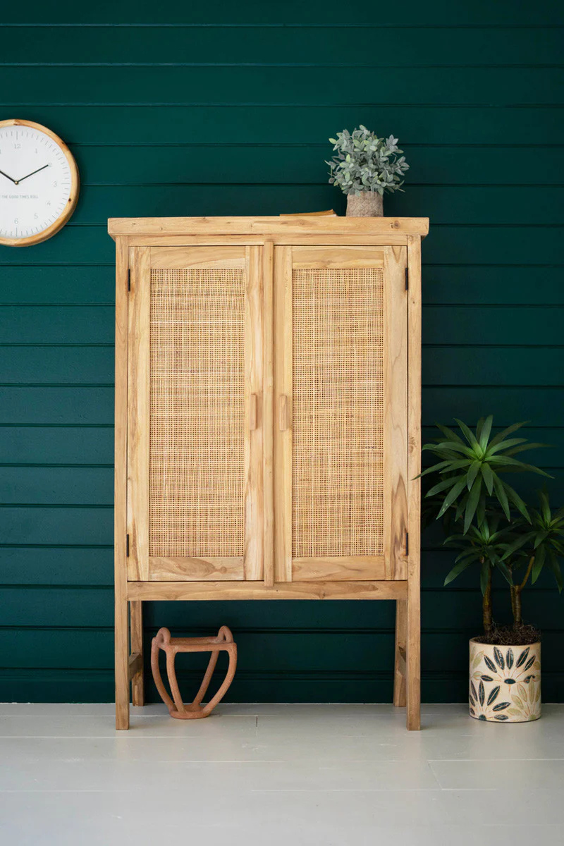 Large Two Door Wooden Cabinet With Woven Cane Detail By Kalalou - Image 3