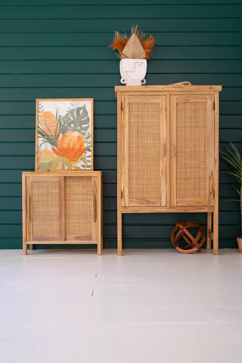 Large Two Door Wooden Cabinet With Woven Cane Detail By Kalalou - Image 6