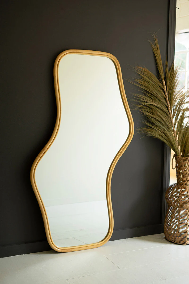 Large Wavy Rattan Floor Mirror By Kalalou
