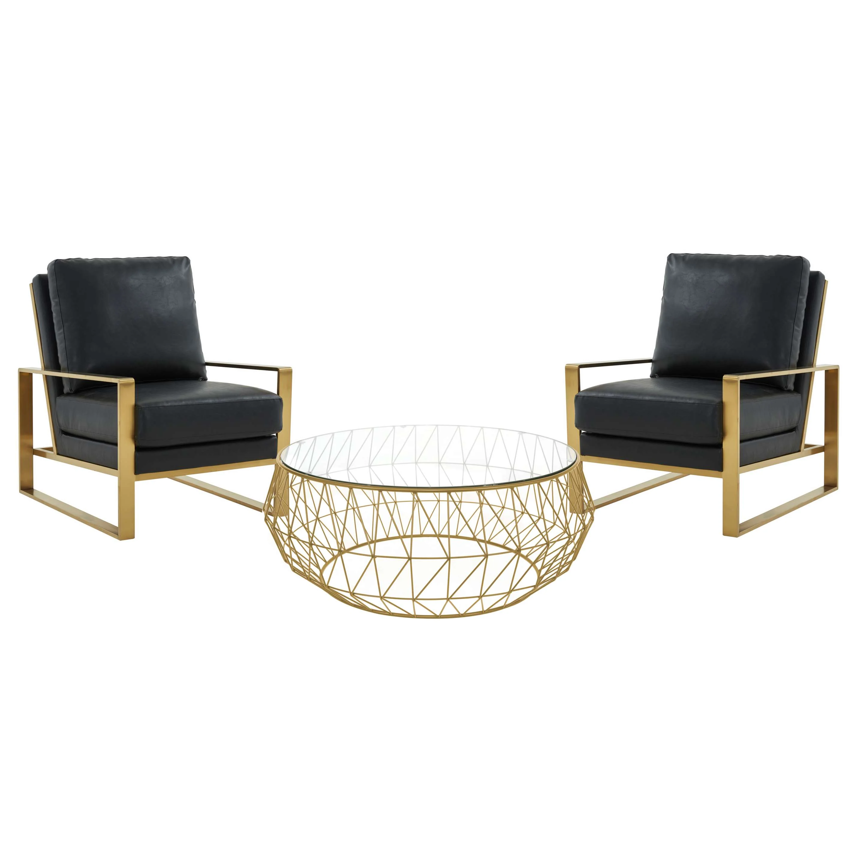 LeisureMod Jefferson Modern Leather Armchair with Gold Frame and Round Coffee Table with Glass Top and Metal Base