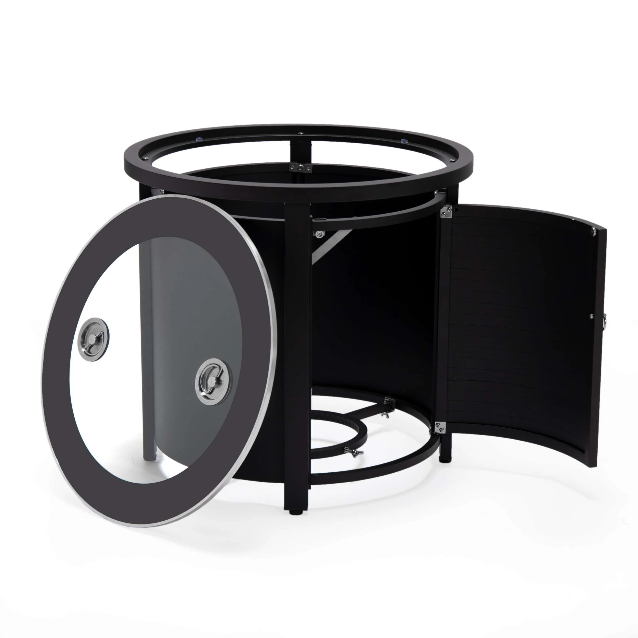 LeisureMod Walbrooke Modern Black Patio Conversation With Round Fire Pit With Slats Design & Tank Holder - Image 12