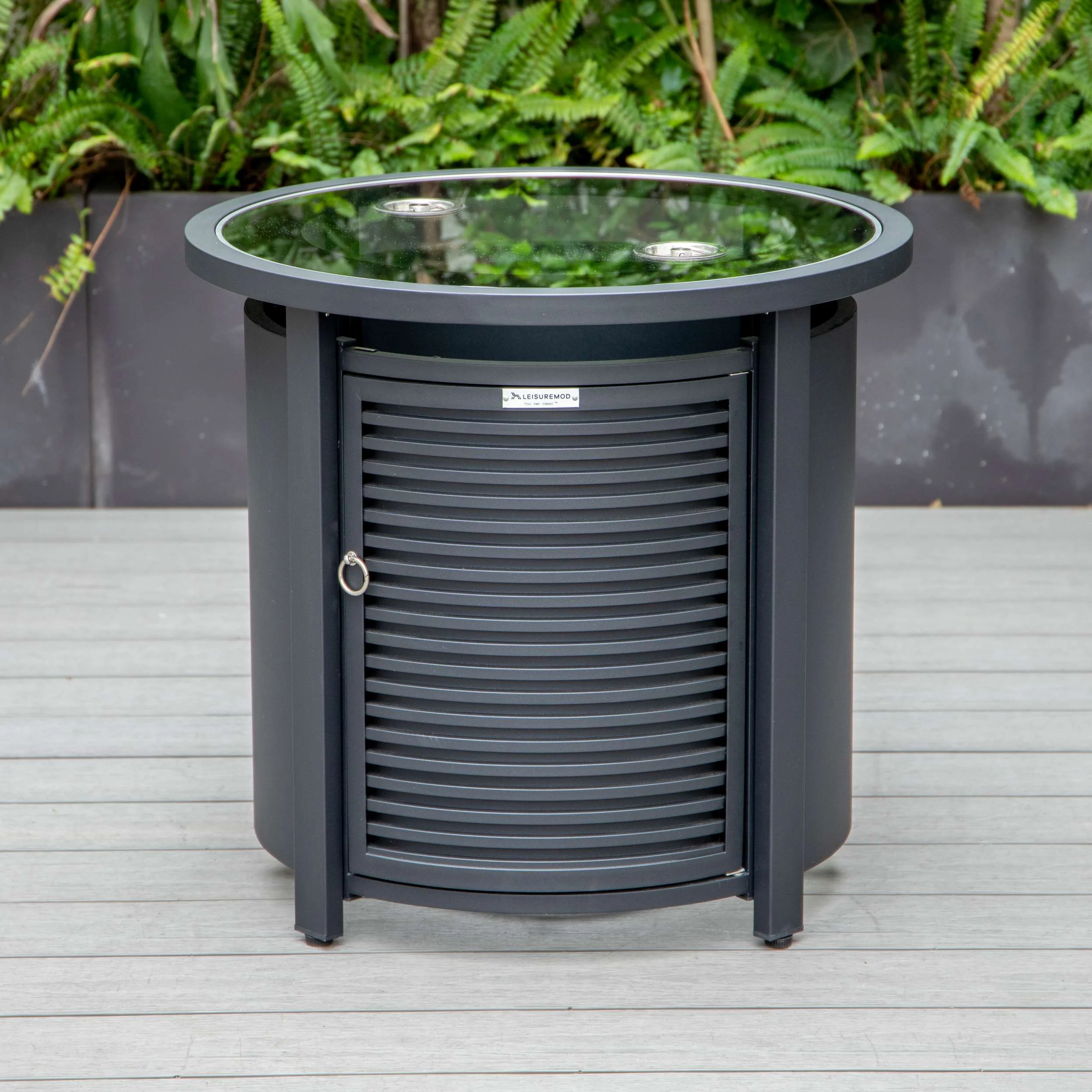 LeisureMod Walbrooke Modern Black Patio Conversation With Round Fire Pit With Slats Design & Tank Holder - Image 16