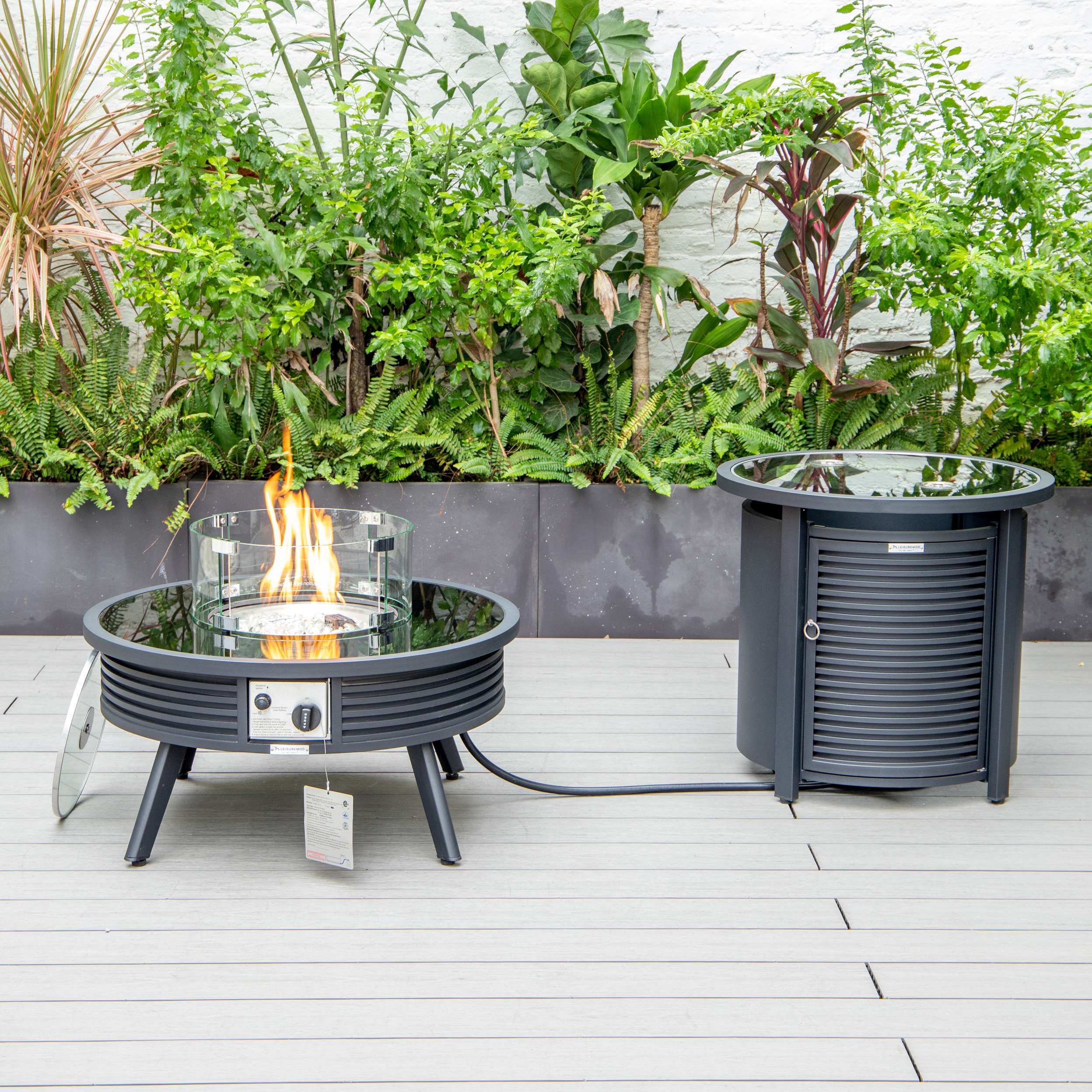 LeisureMod Walbrooke Modern Black Patio Conversation With Round Fire Pit With Slats Design & Tank Holder - Image 18