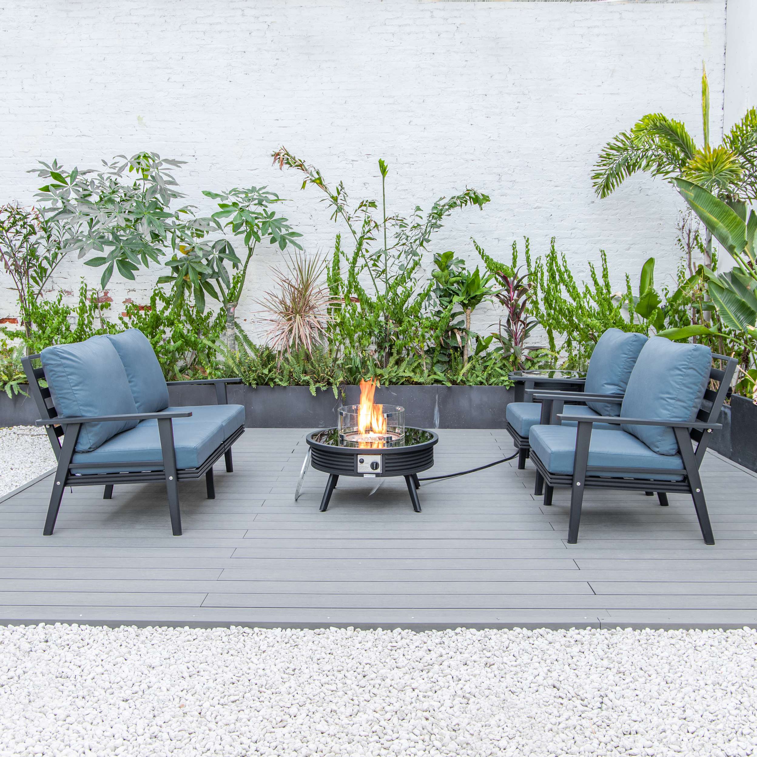 LeisureMod Walbrooke Modern Black Patio Conversation With Round Fire Pit With Slats Design & Tank Holder - Image 20