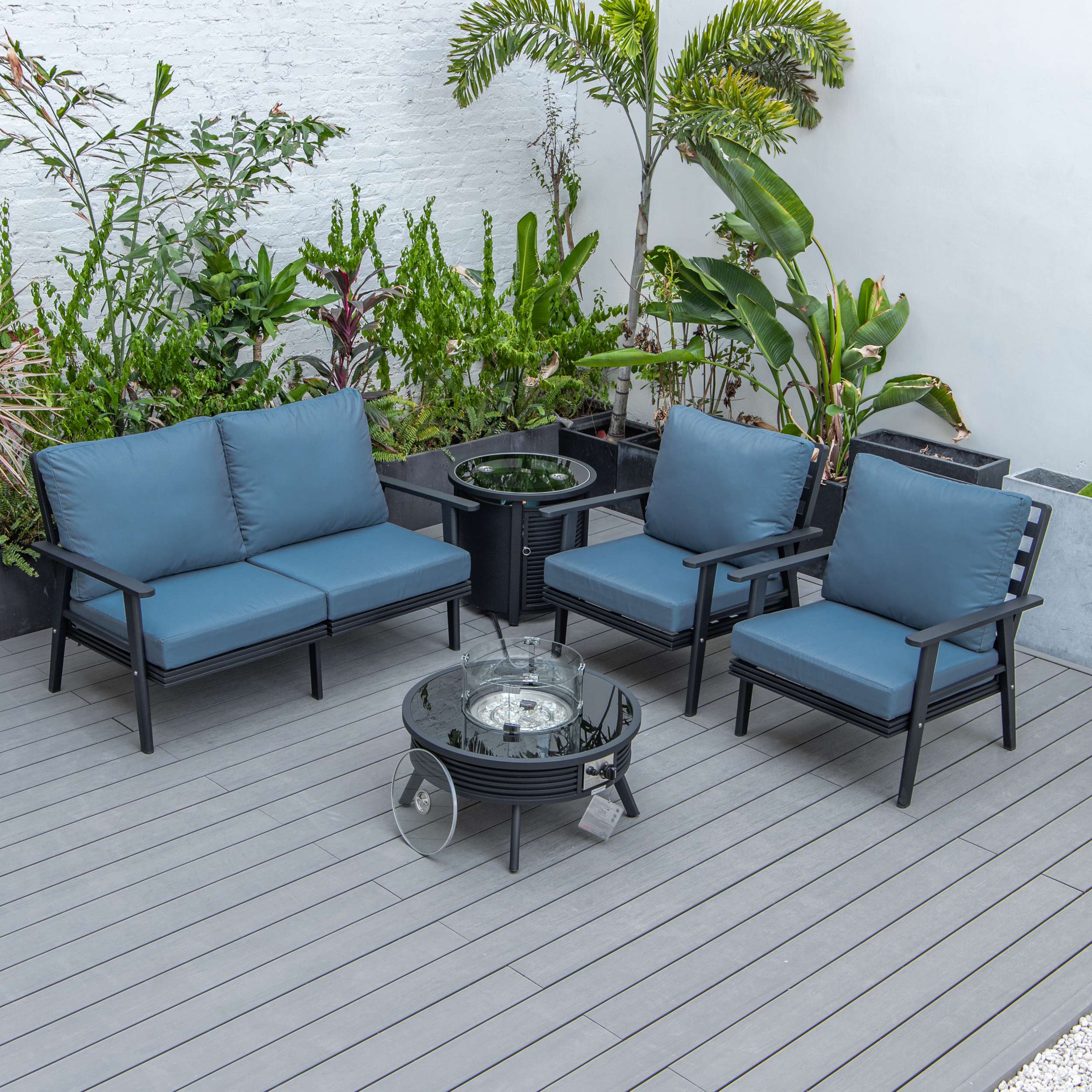 LeisureMod Walbrooke Modern Black Patio Conversation With Round Fire Pit With Slats Design & Tank Holder - Image 22