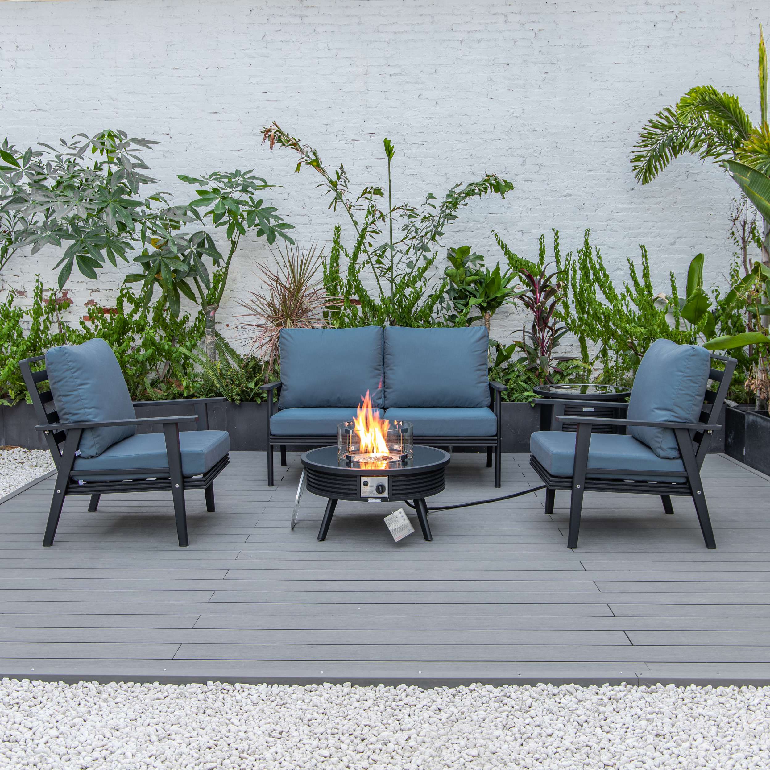 LeisureMod Walbrooke Modern Black Patio Conversation With Round Fire Pit With Slats Design & Tank Holder - Image 23
