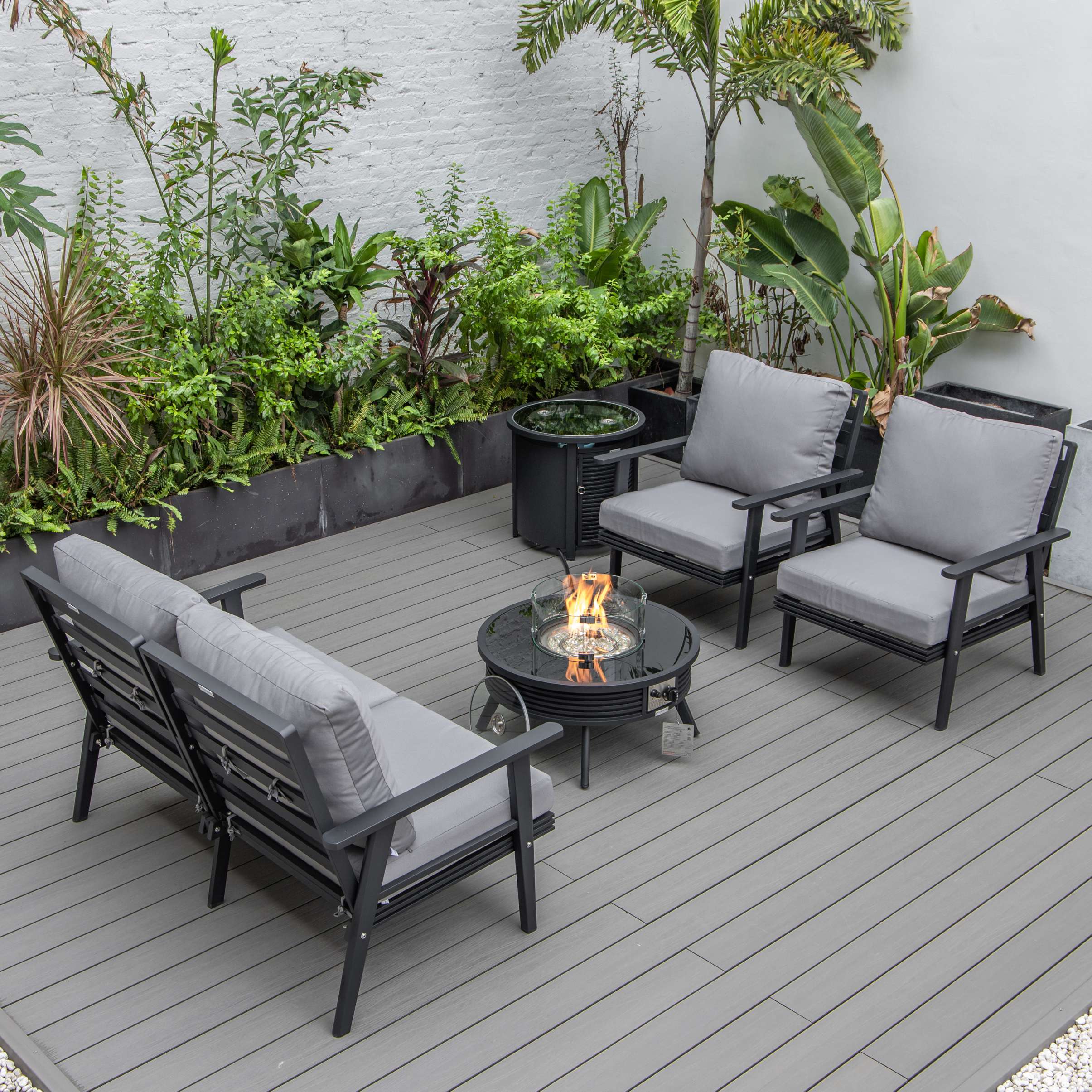 LeisureMod Walbrooke Modern Black Patio Conversation With Round Fire Pit With Slats Design & Tank Holder - Image 26