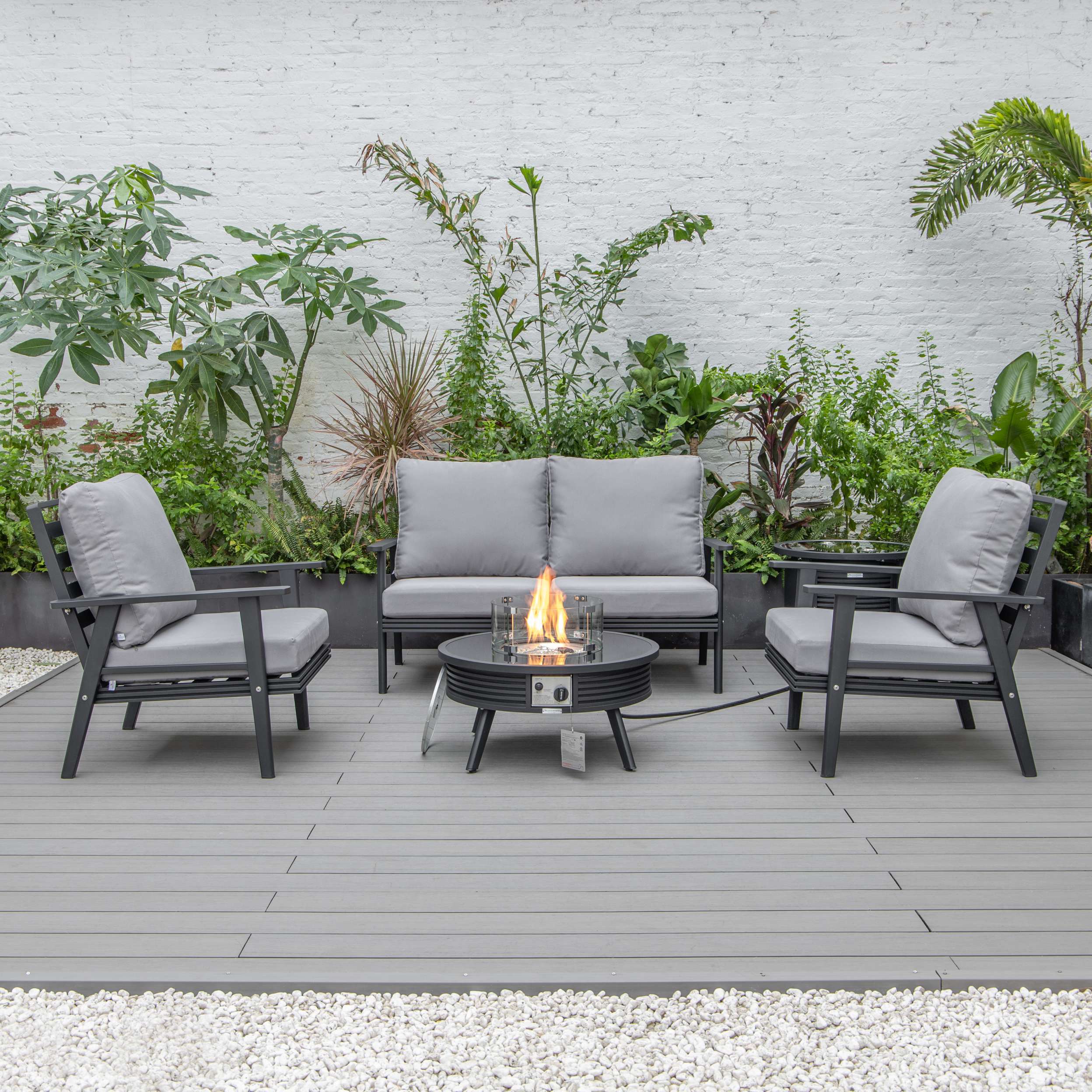 LeisureMod Walbrooke Modern Black Patio Conversation With Round Fire Pit With Slats Design & Tank Holder - Image 29
