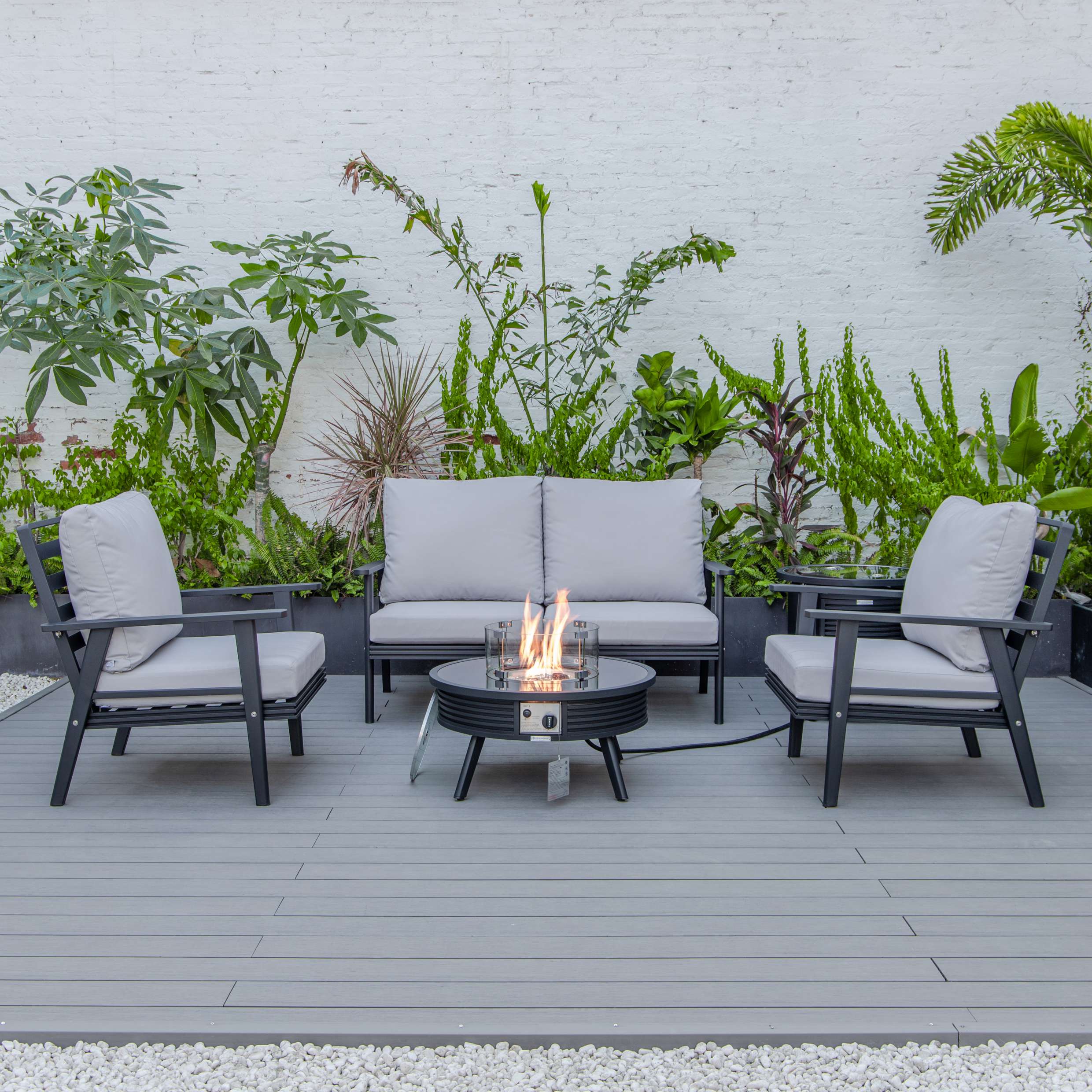 LeisureMod Walbrooke Modern Black Patio Conversation With Round Fire Pit With Slats Design & Tank Holder - Image 34