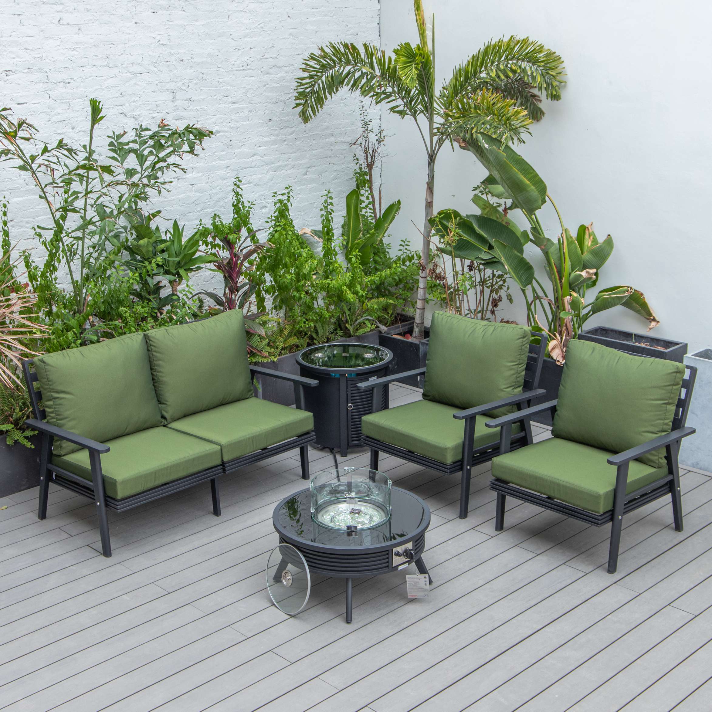 LeisureMod Walbrooke Modern Black Patio Conversation With Round Fire Pit With Slats Design & Tank Holder - Image 37
