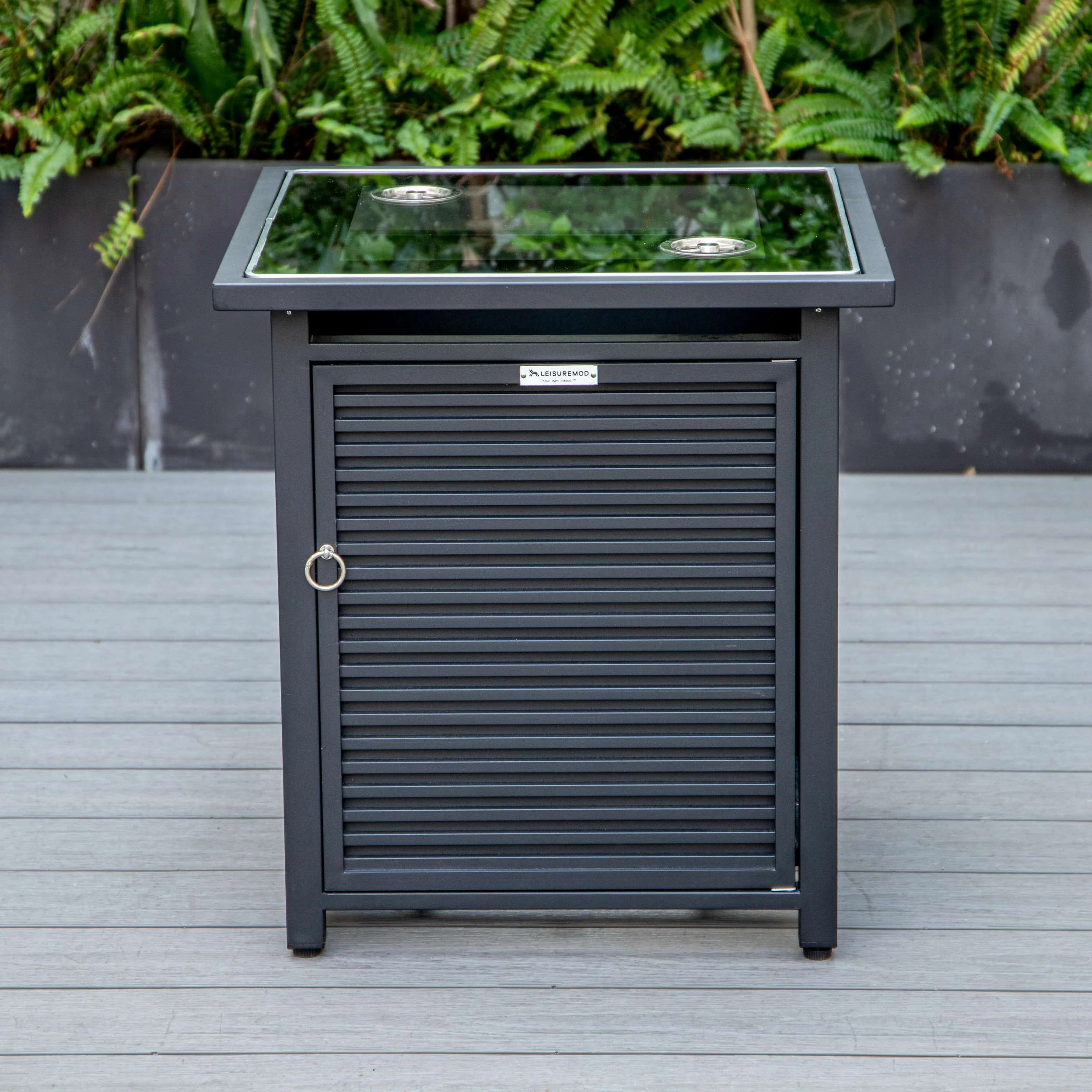LeisureMod Walbrooke Modern Black Patio Conversation With Square Fire Pit With Slats Design & Tank Holder - Image 16