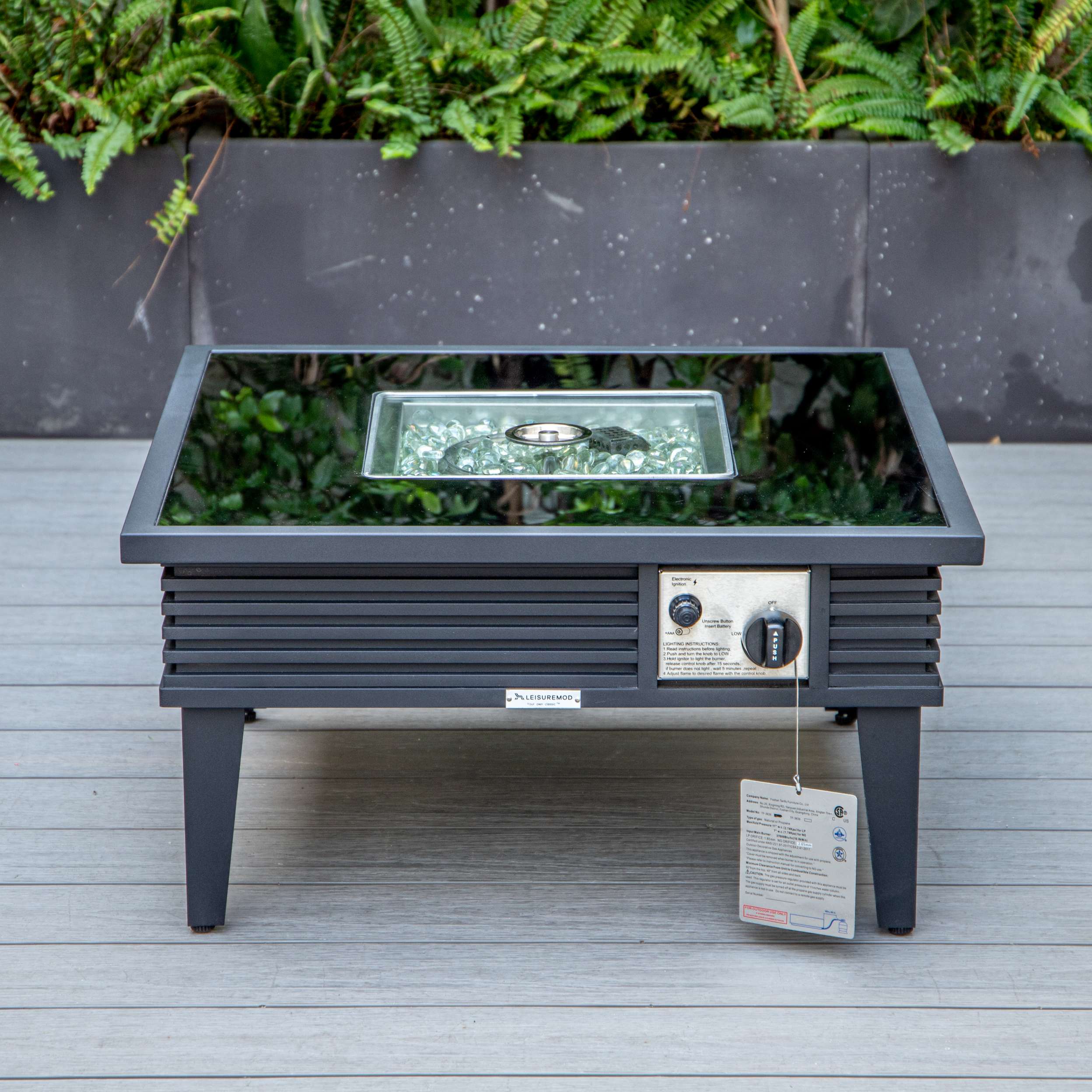 LeisureMod Walbrooke Modern Black Patio Conversation With Square Fire Pit With Slats Design & Tank Holder - Image 66