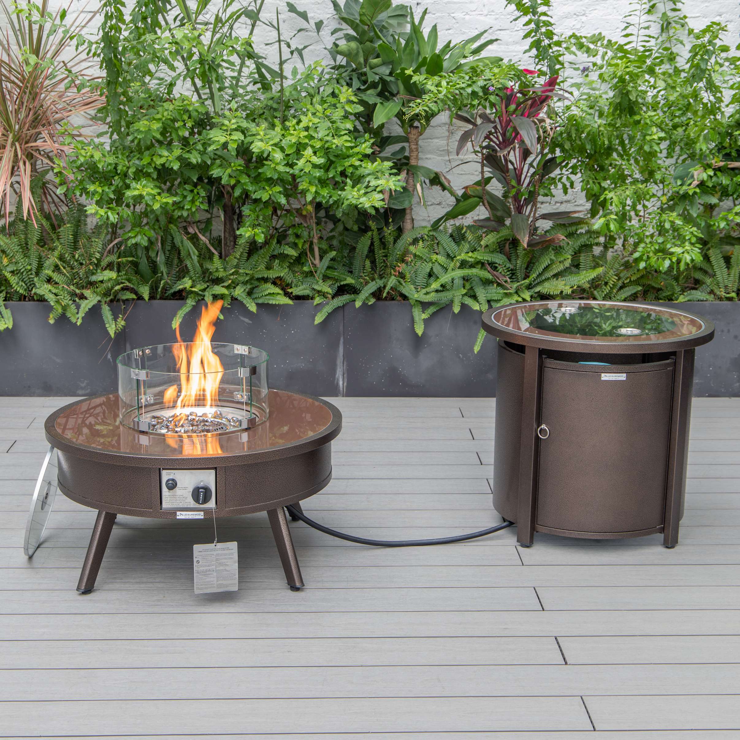 LeisureMod Walbrooke Modern Brown Patio Conversation With Round Fire Pit & Tank Holder - Image 119