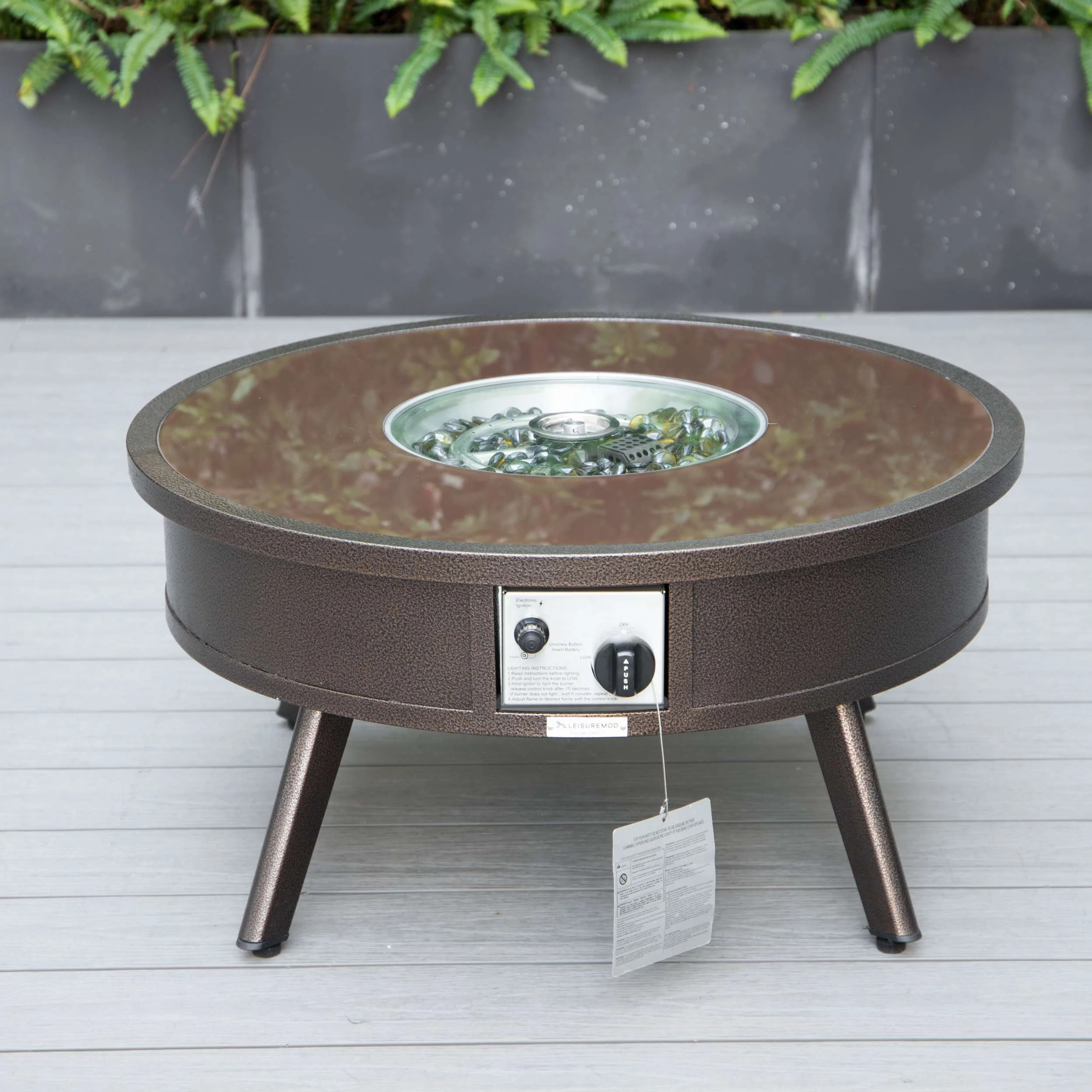 LeisureMod Walbrooke Modern Brown Patio Conversation With Round Fire Pit & Tank Holder - Image 49