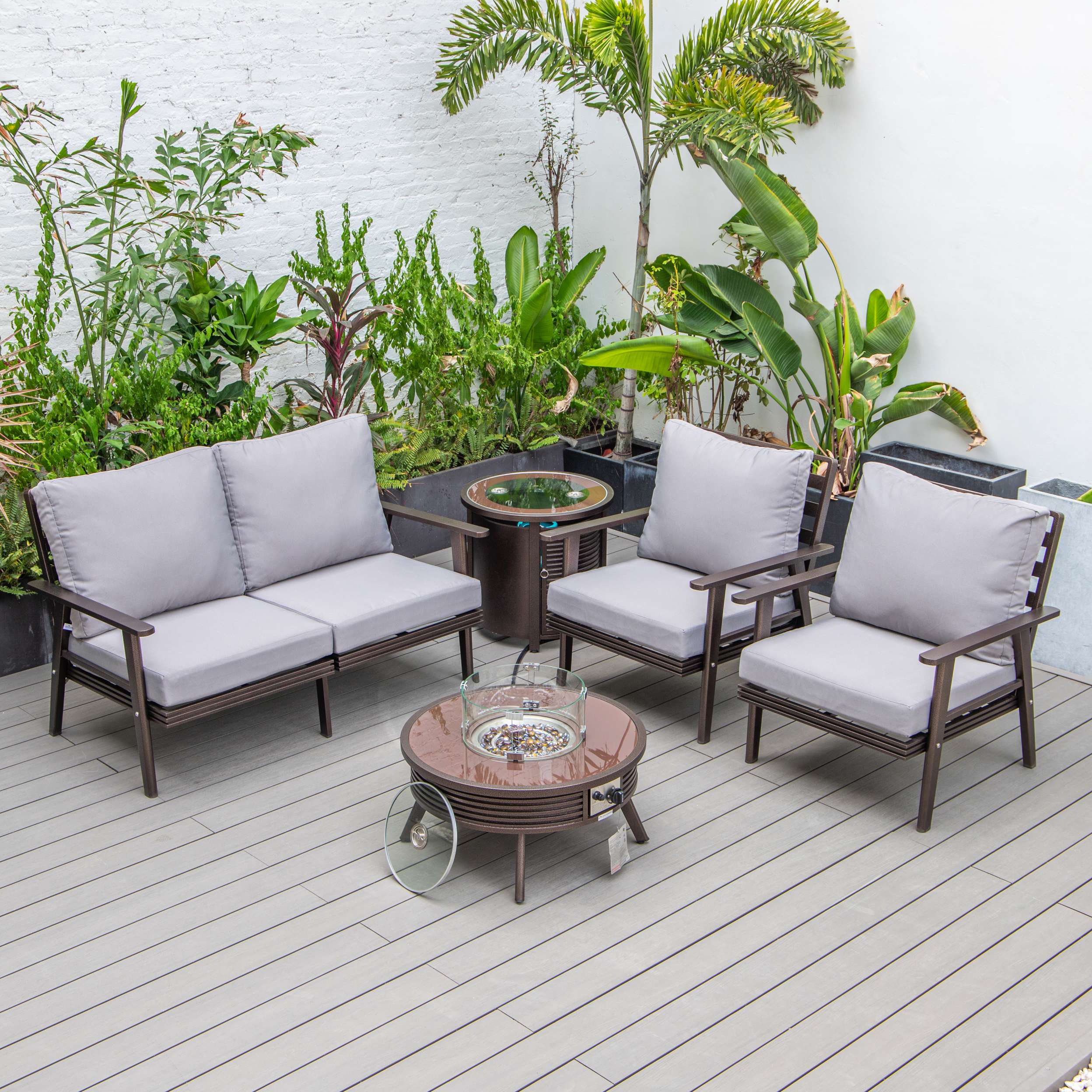 LeisureMod Walbrooke Modern Brown Patio Conversation With Round Fire Pit & Tank Holder - Image 79