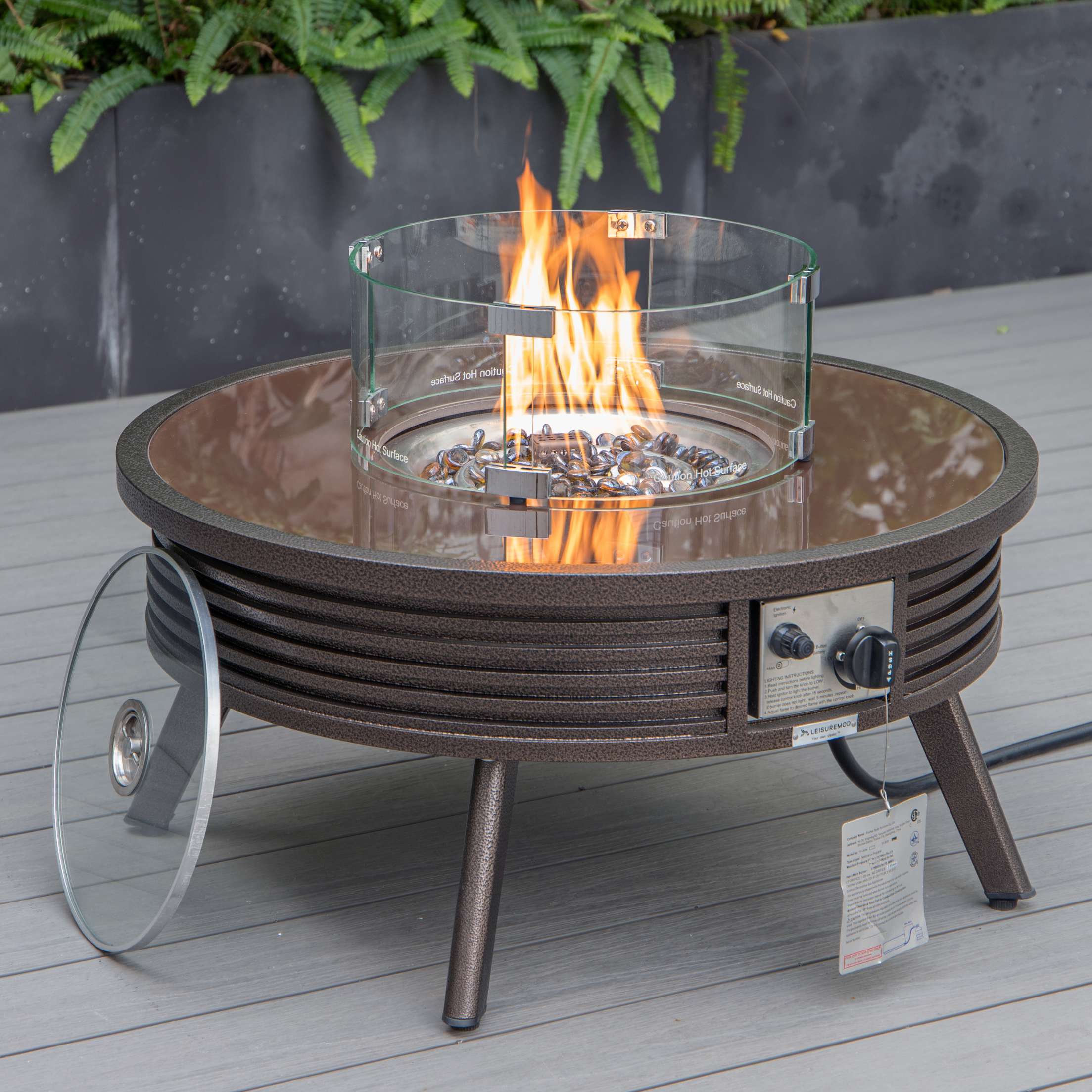 LeisureMod Walbrooke Modern Brown Patio Conversation With Round Fire Pit With Slats Design & Tank Holder - Image 10
