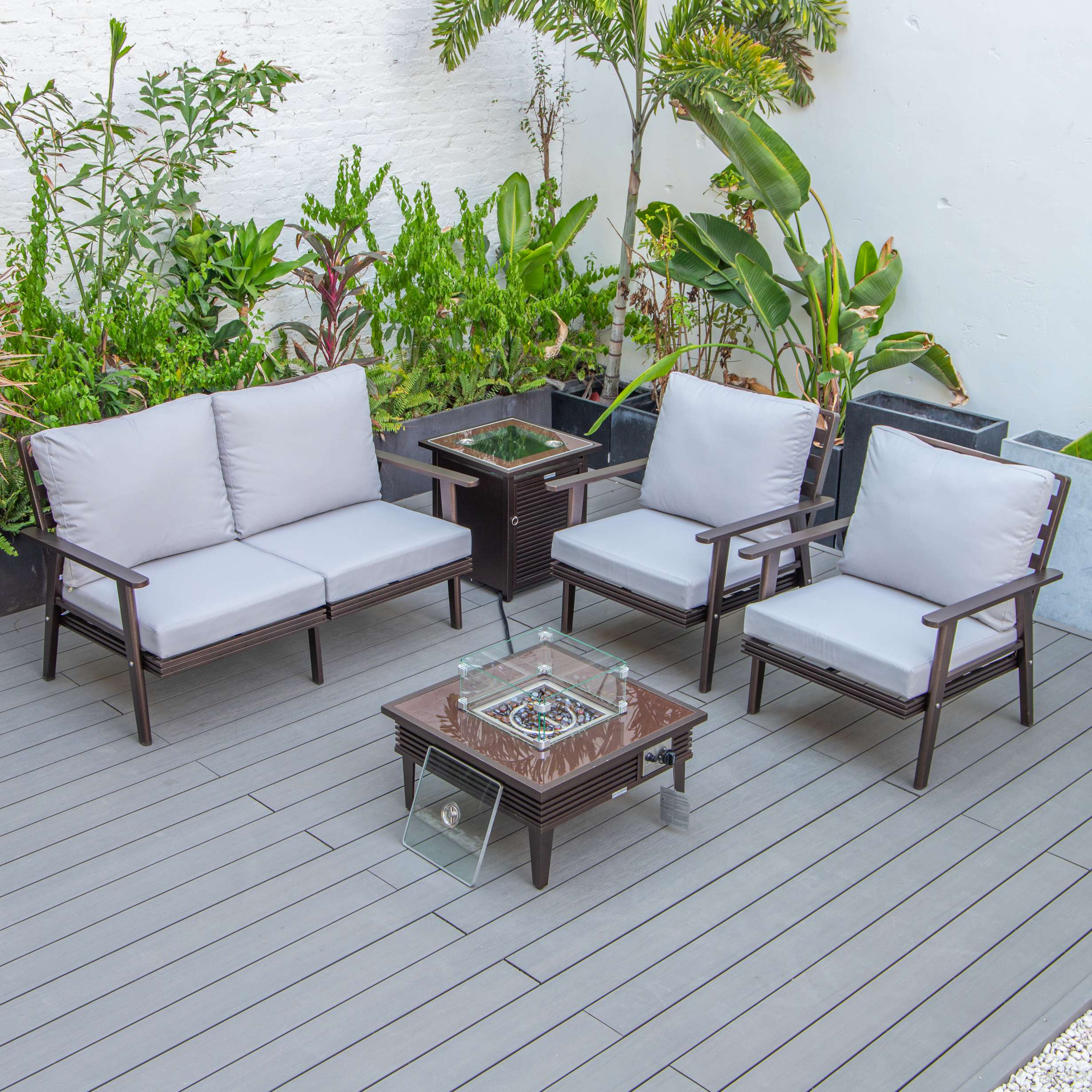 LeisureMod Walbrooke Modern Brown Patio Conversation With Square Fire Pit & Tank Holder - Image 107