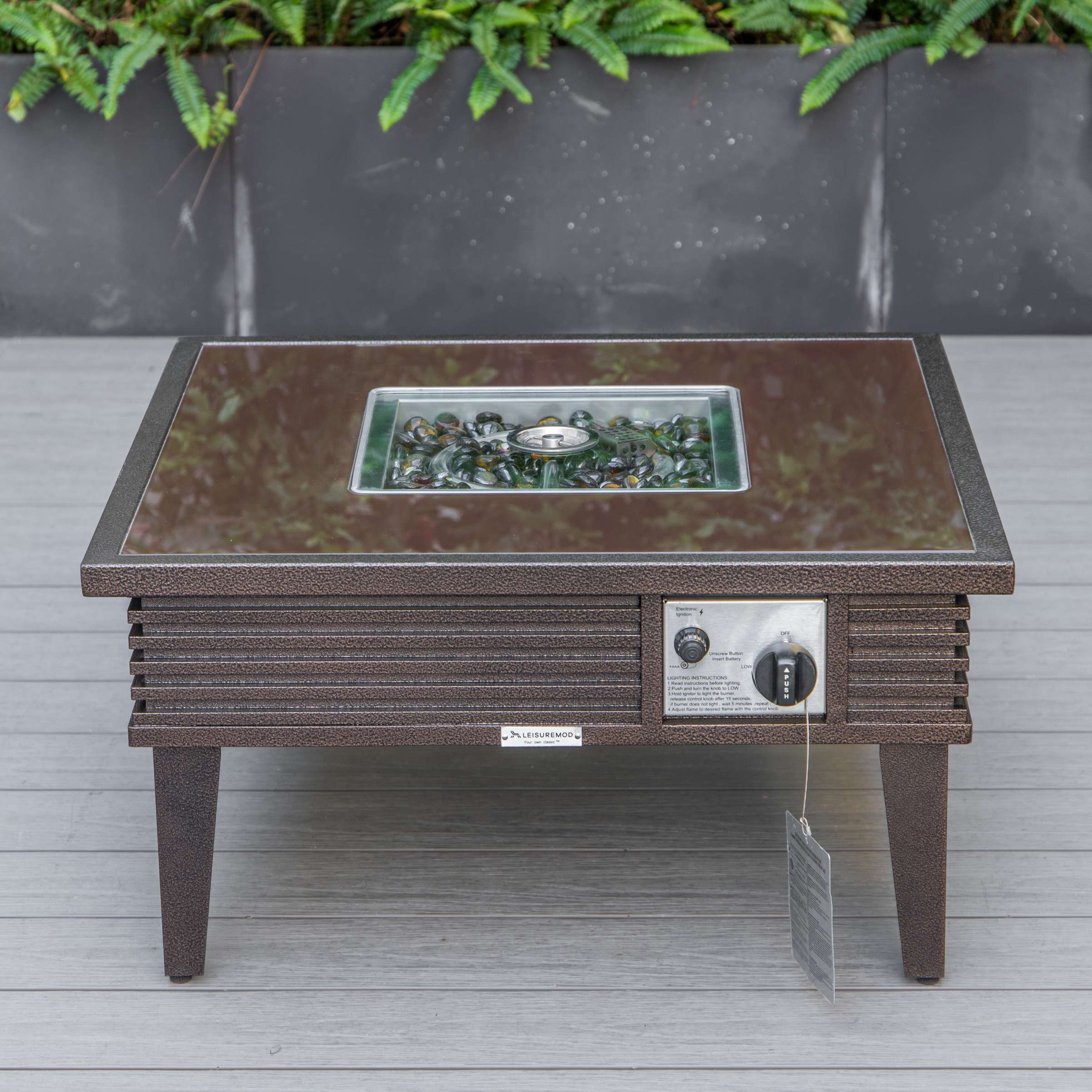 LeisureMod Walbrooke Modern Brown Patio Conversation With Square Fire Pit & Tank Holder - Image 11