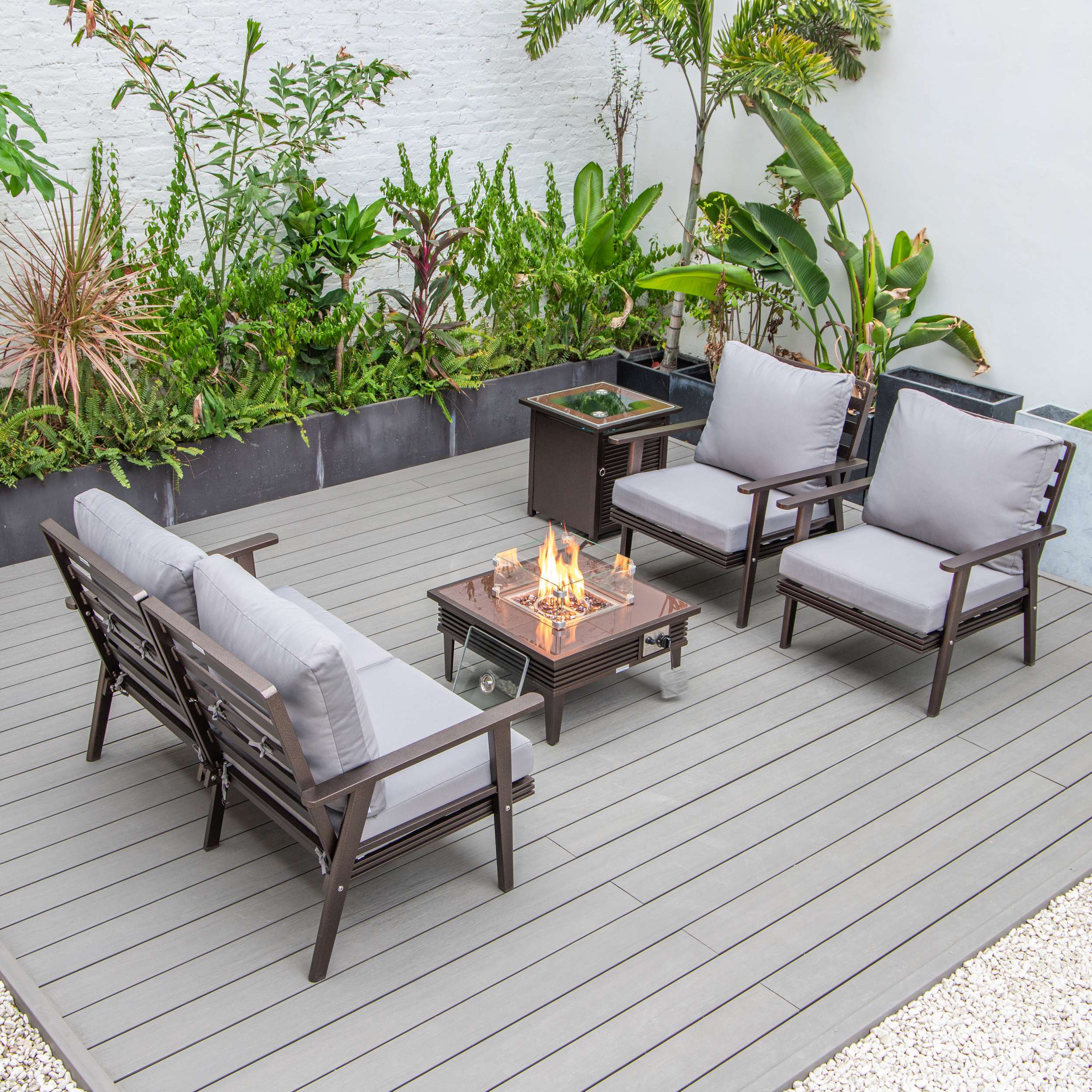 LeisureMod Walbrooke Modern Brown Patio Conversation With Square Fire Pit & Tank Holder - Image 189