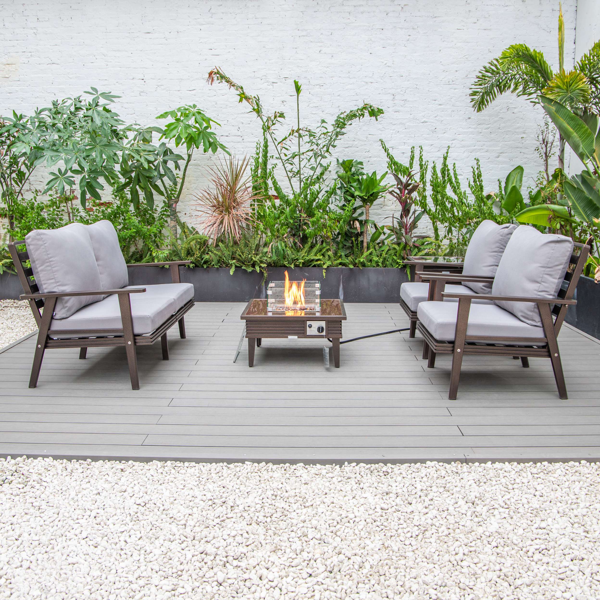LeisureMod Walbrooke Modern Brown Patio Conversation With Square Fire Pit & Tank Holder - Image 190