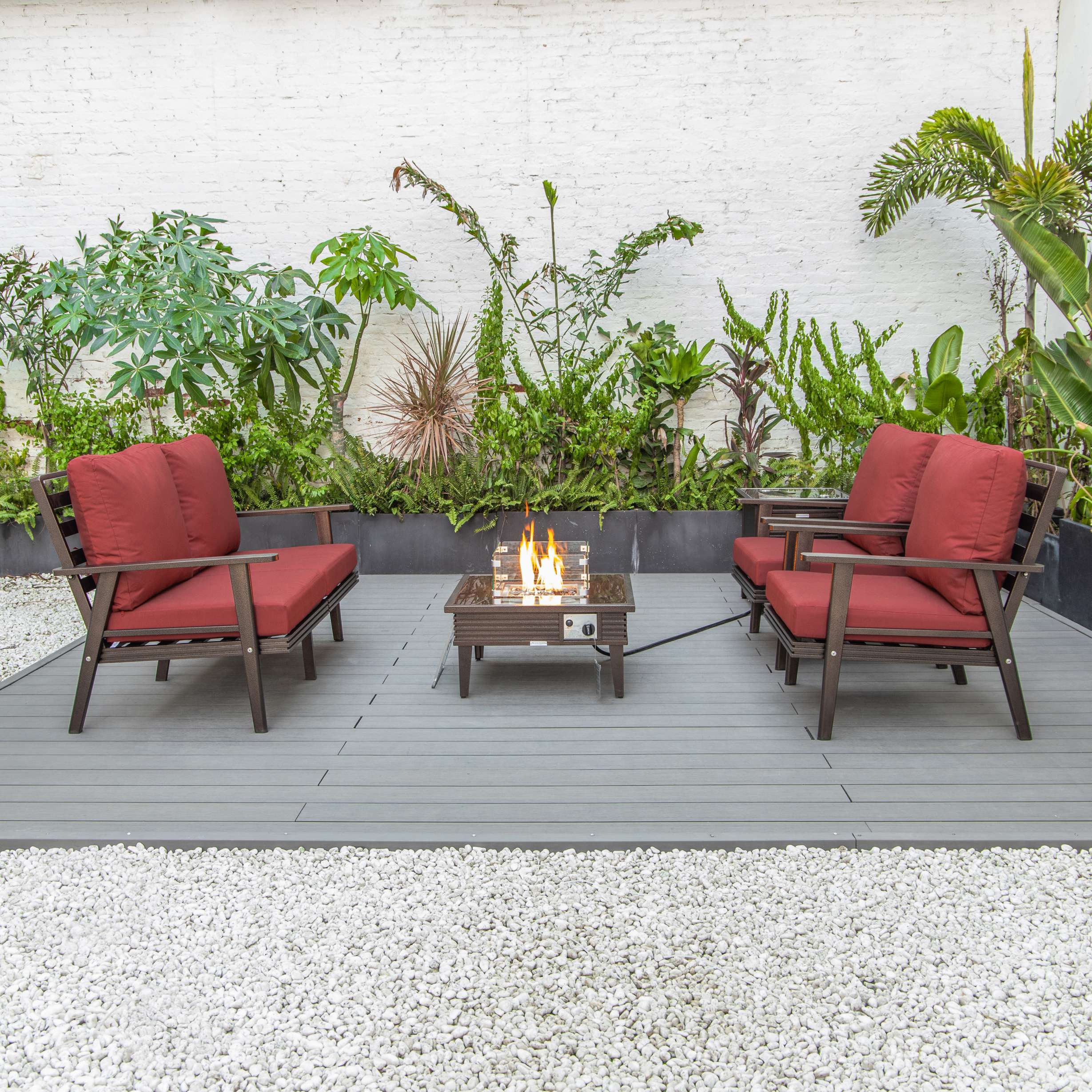 LeisureMod Walbrooke Modern Brown Patio Conversation With Square Fire Pit & Tank Holder - Image 211