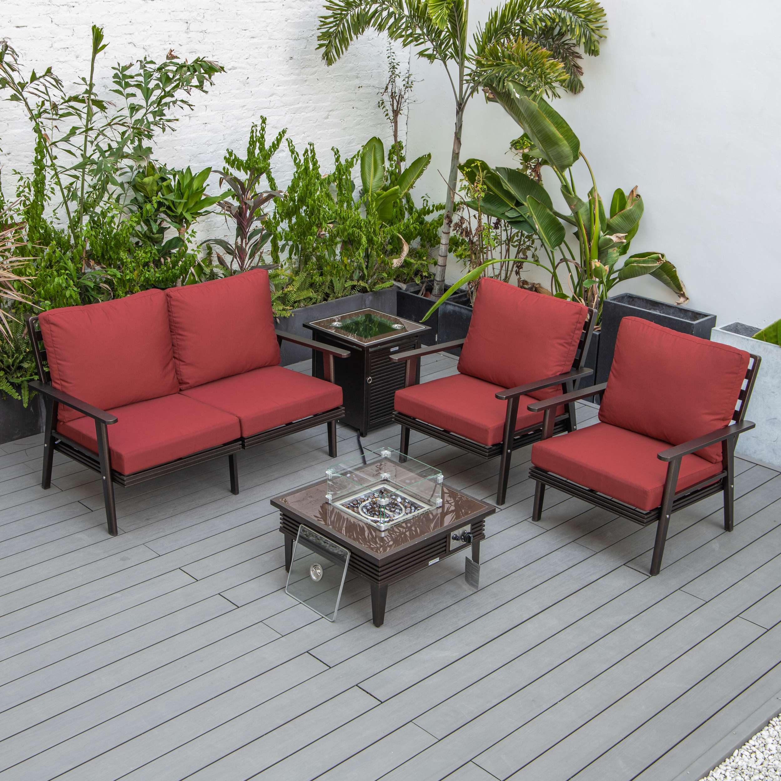 LeisureMod Walbrooke Modern Brown Patio Conversation With Square Fire Pit & Tank Holder - Image 212