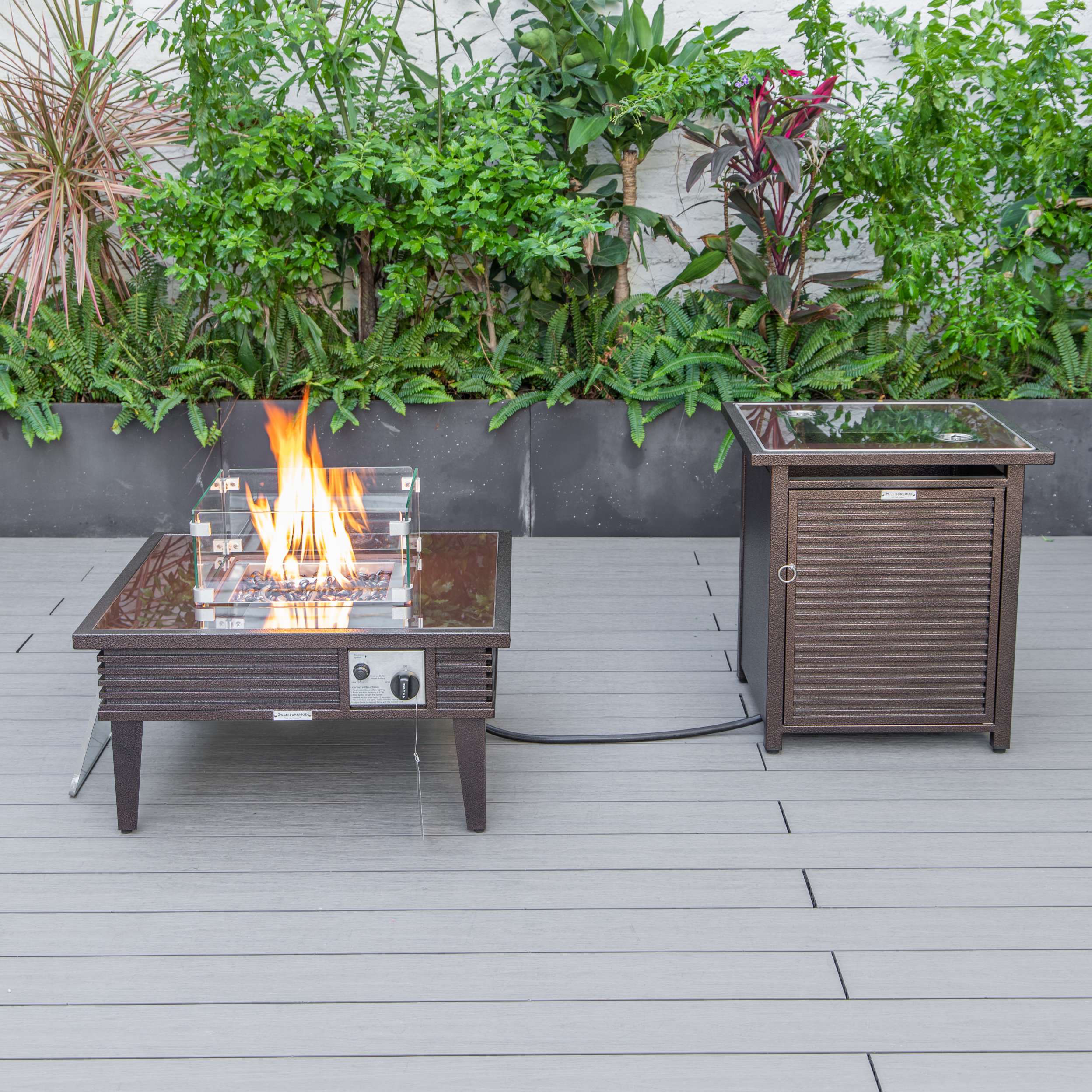 LeisureMod Walbrooke Modern Brown Patio Conversation With Square Fire Pit & Tank Holder - Image 6