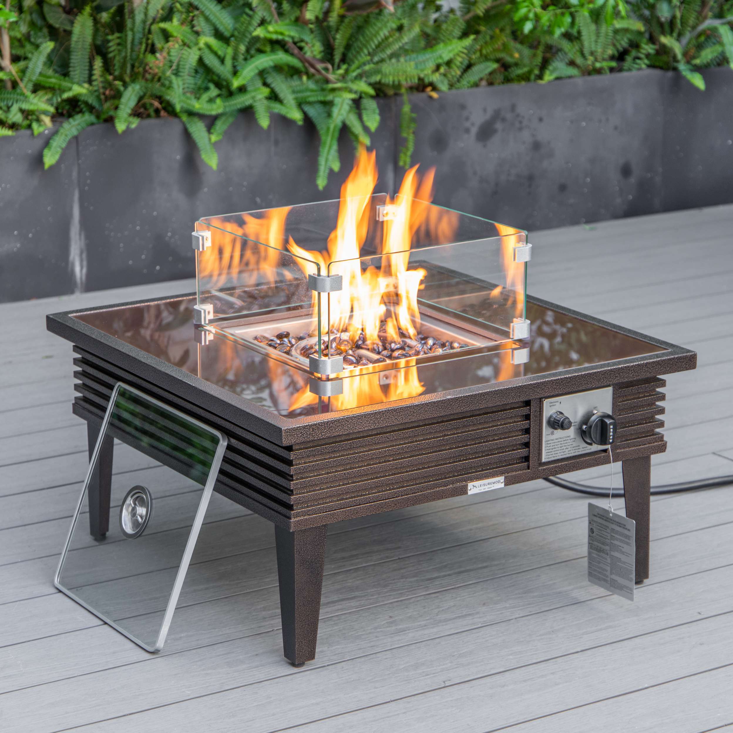LeisureMod Walbrooke Modern Brown Patio Conversation With Square Fire Pit & Tank Holder - Image 74