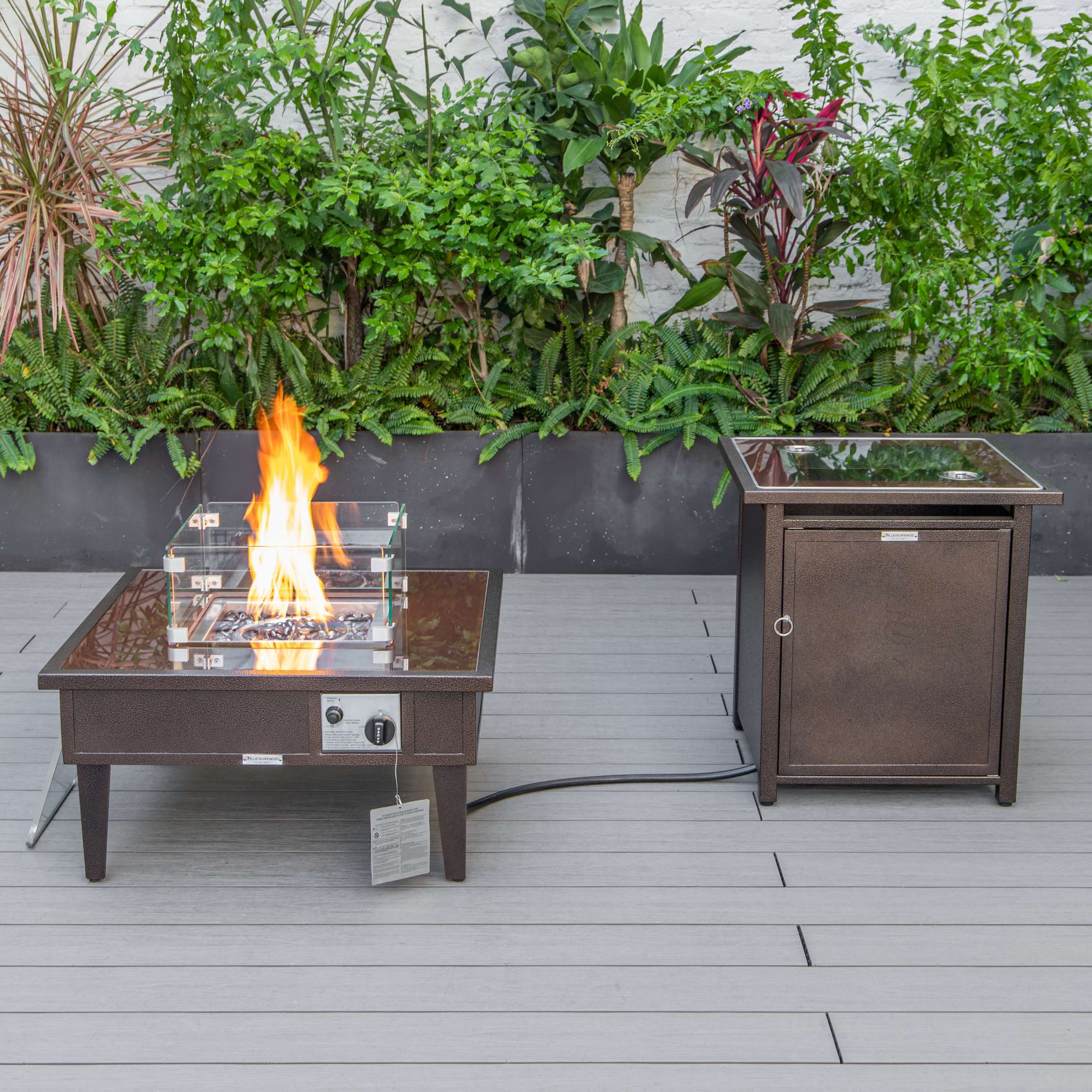 LeisureMod Walbrooke Modern Brown Patio Conversation With Square Fire Pit & Tank Holder - Image 84