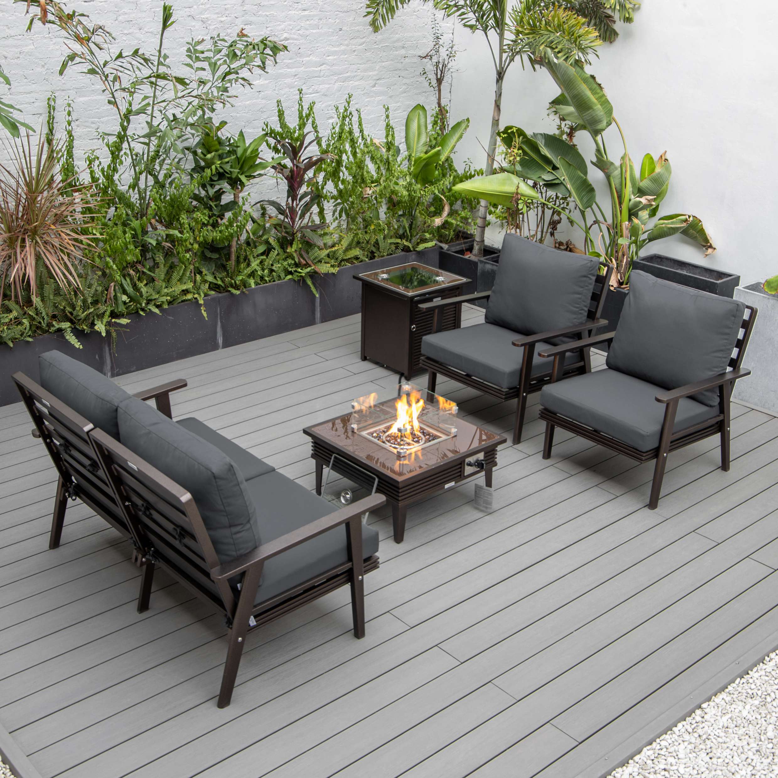 LeisureMod Walbrooke Modern Brown Patio Conversation With Square Fire Pit With Slats Design & Tank Holder - Image 2