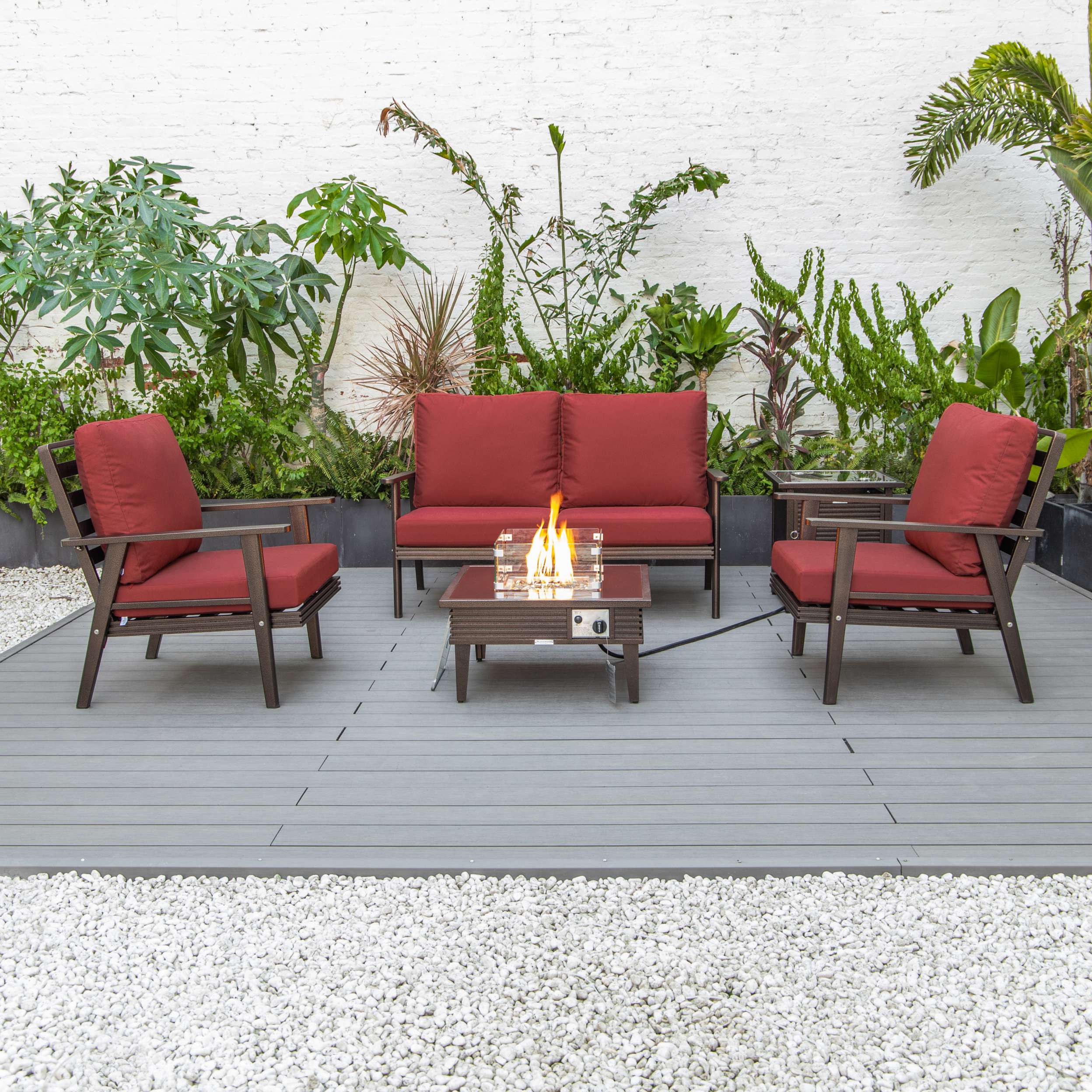 LeisureMod Walbrooke Modern Brown Patio Conversation With Square Fire Pit With Slats Design & Tank Holder - Image 69