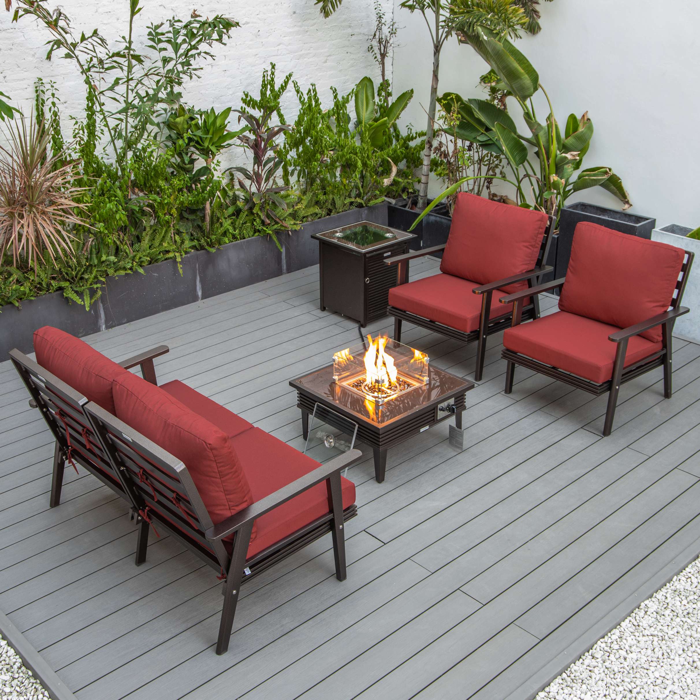 LeisureMod Walbrooke Modern Brown Patio Conversation With Square Fire Pit With Slats Design & Tank Holder - Image 76
