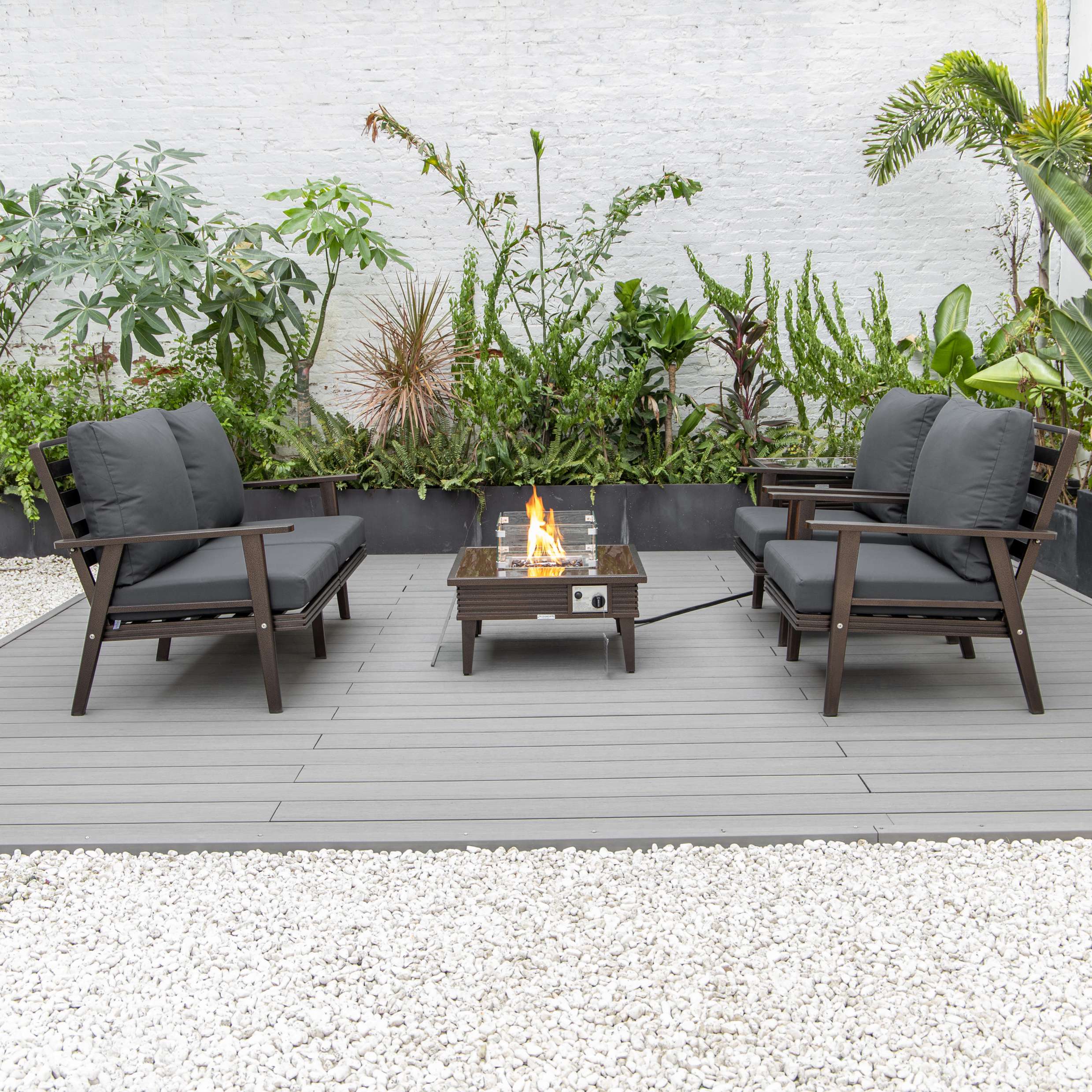 LeisureMod Walbrooke Modern Brown Patio Conversation With Square Fire Pit With Slats Design & Tank Holder - Image 9