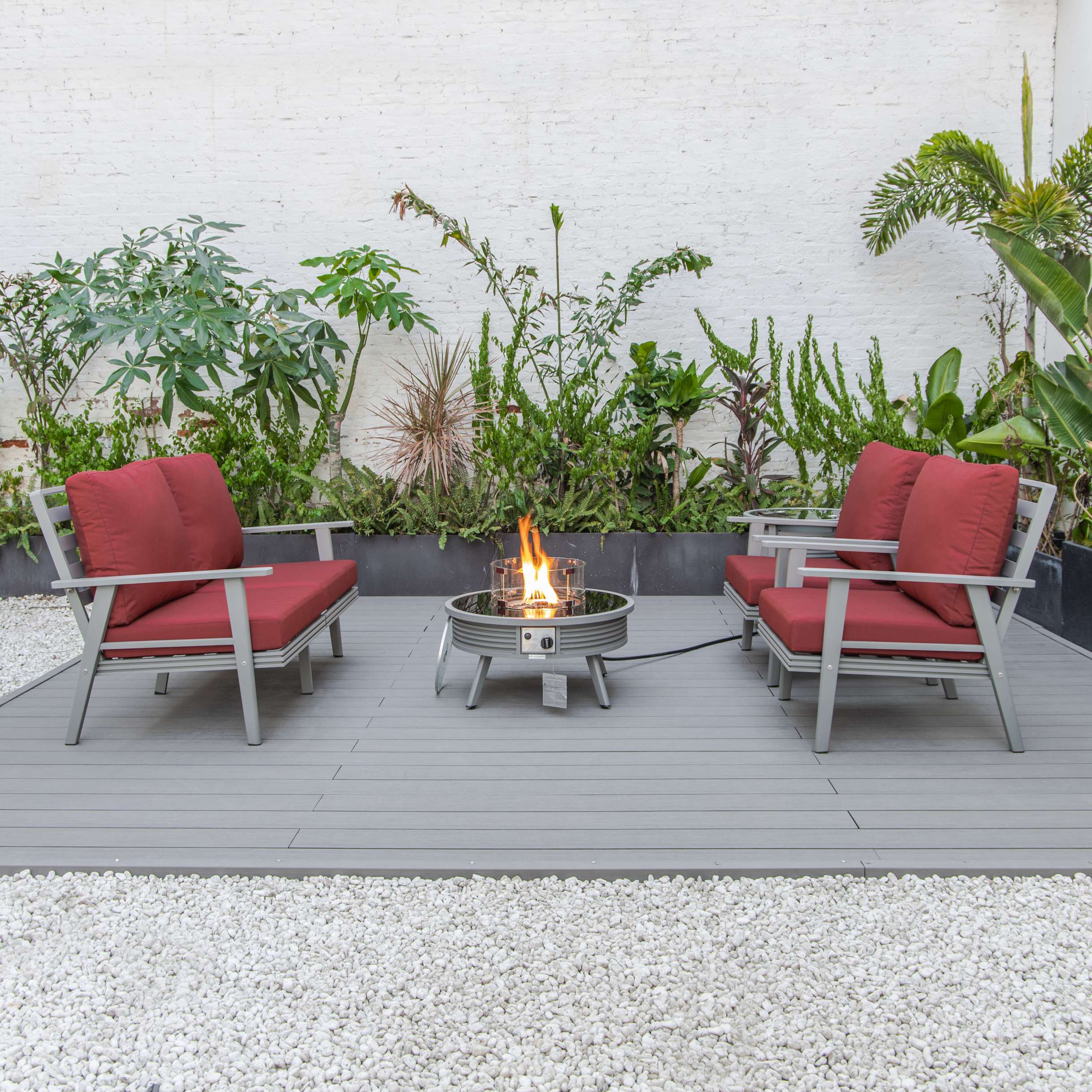 LeisureMod Walbrooke Modern Grey Patio Conversation With Round Fire Pit & Tank Holder - Image 46