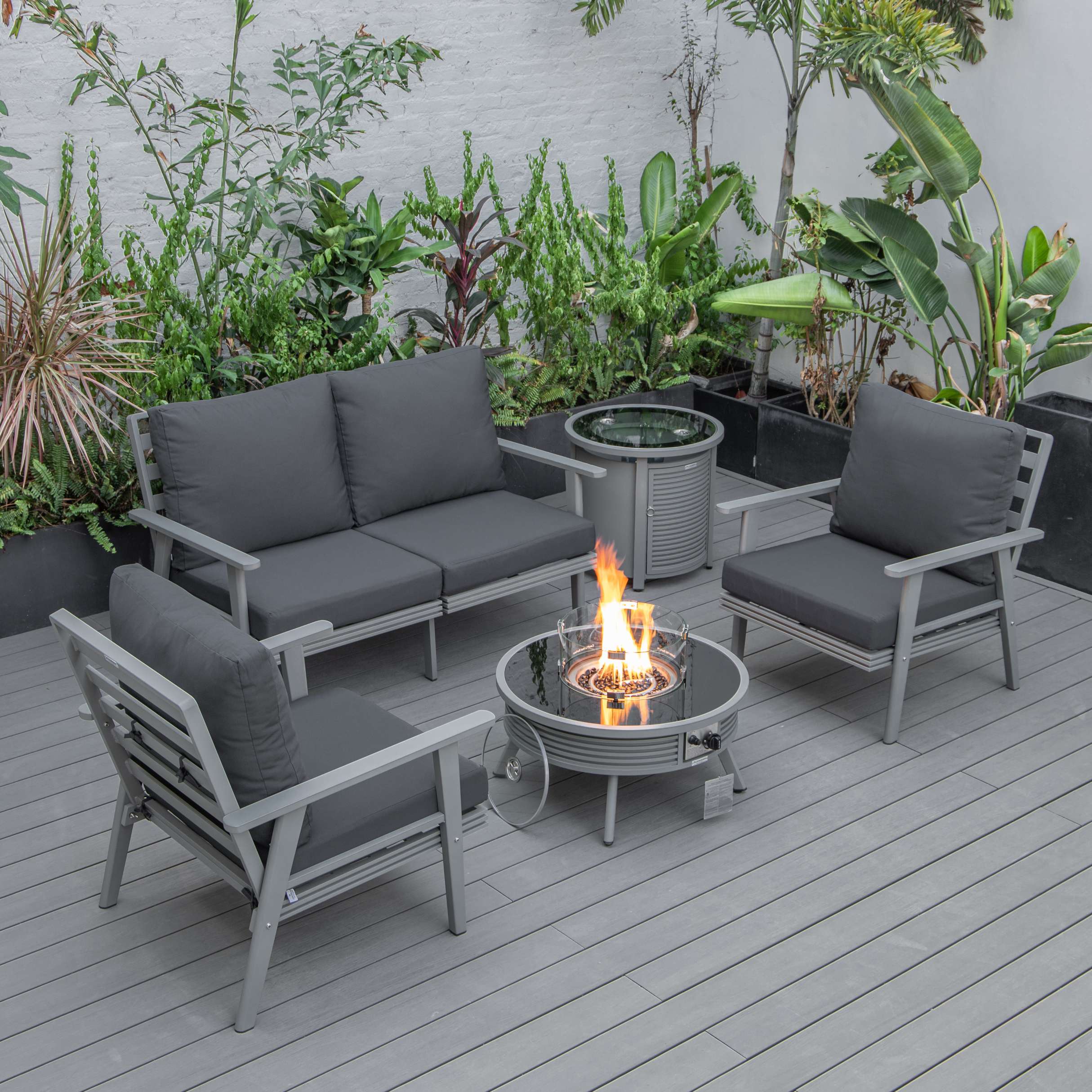 LeisureMod Walbrooke Modern Grey Patio Conversation With Round Fire Pit With Slats Design & Tank Holder
