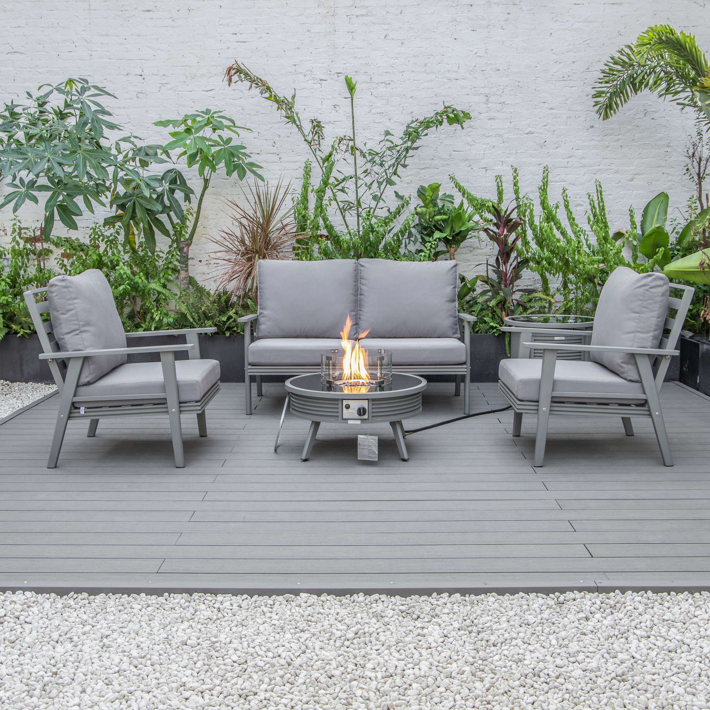 LeisureMod Walbrooke Modern Grey Patio Conversation With Round Fire Pit With Slats Design & Tank Holder - Image 30