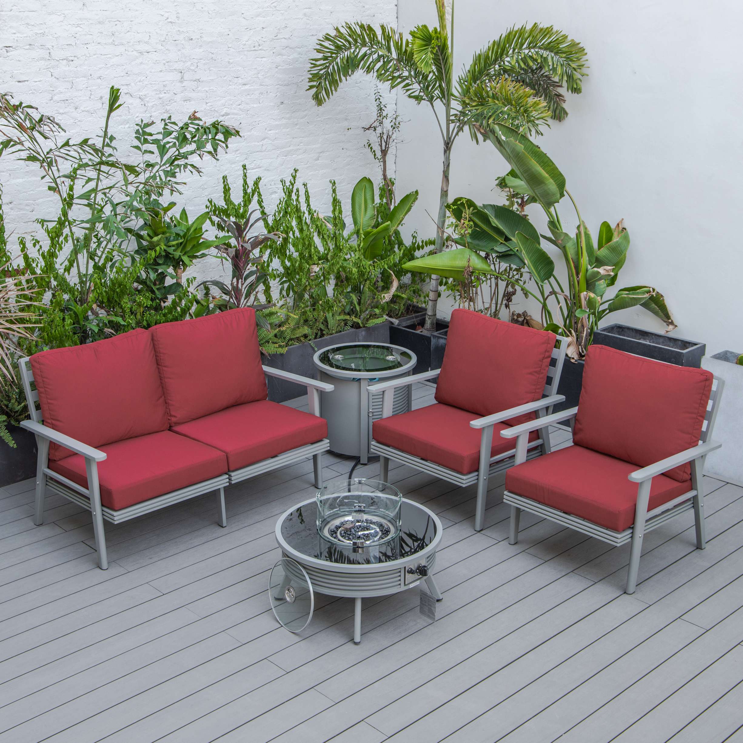 LeisureMod Walbrooke Modern Grey Patio Conversation With Round Fire Pit With Slats Design & Tank Holder - Image 33