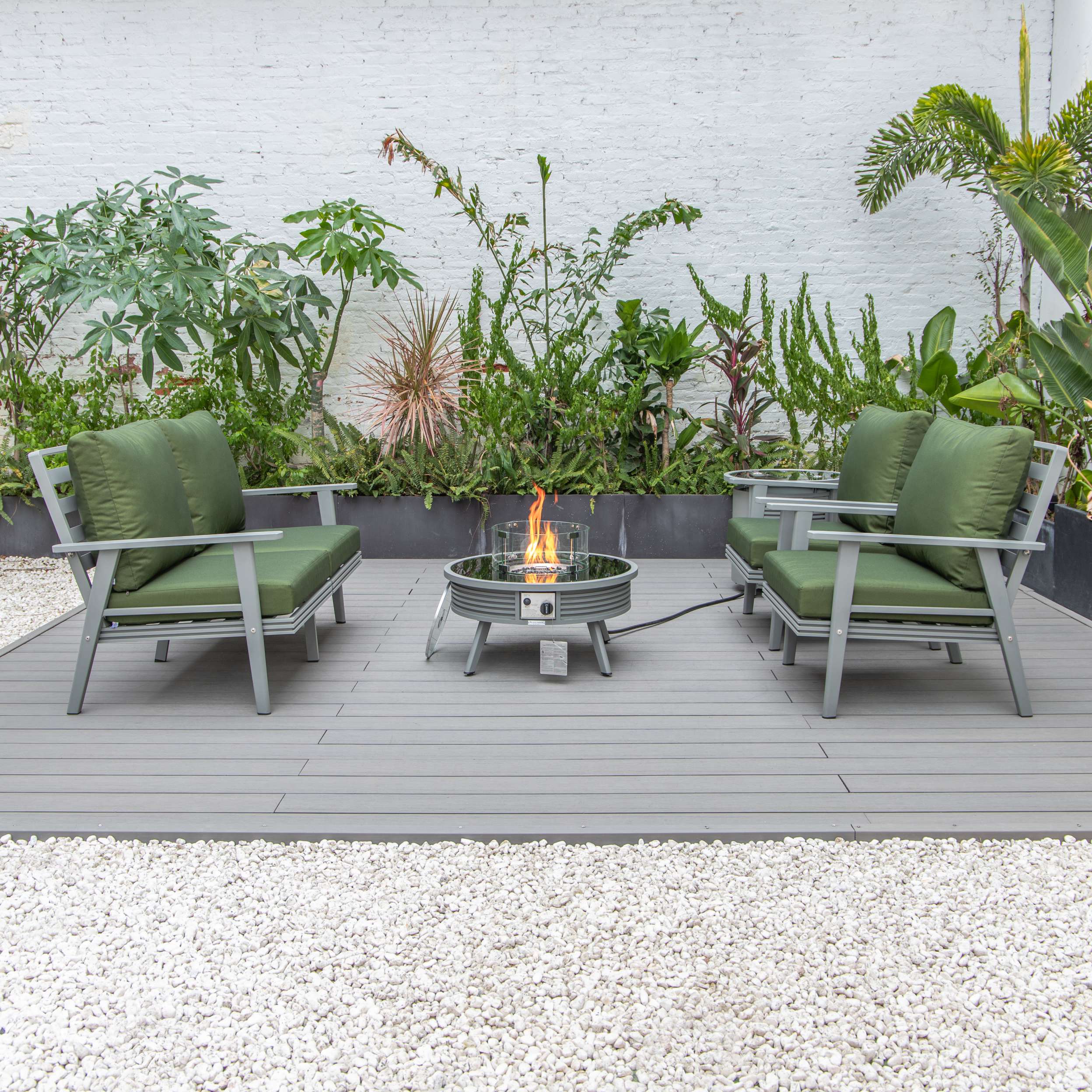 LeisureMod Walbrooke Modern Grey Patio Conversation With Round Fire Pit With Slats Design & Tank Holder - Image 42
