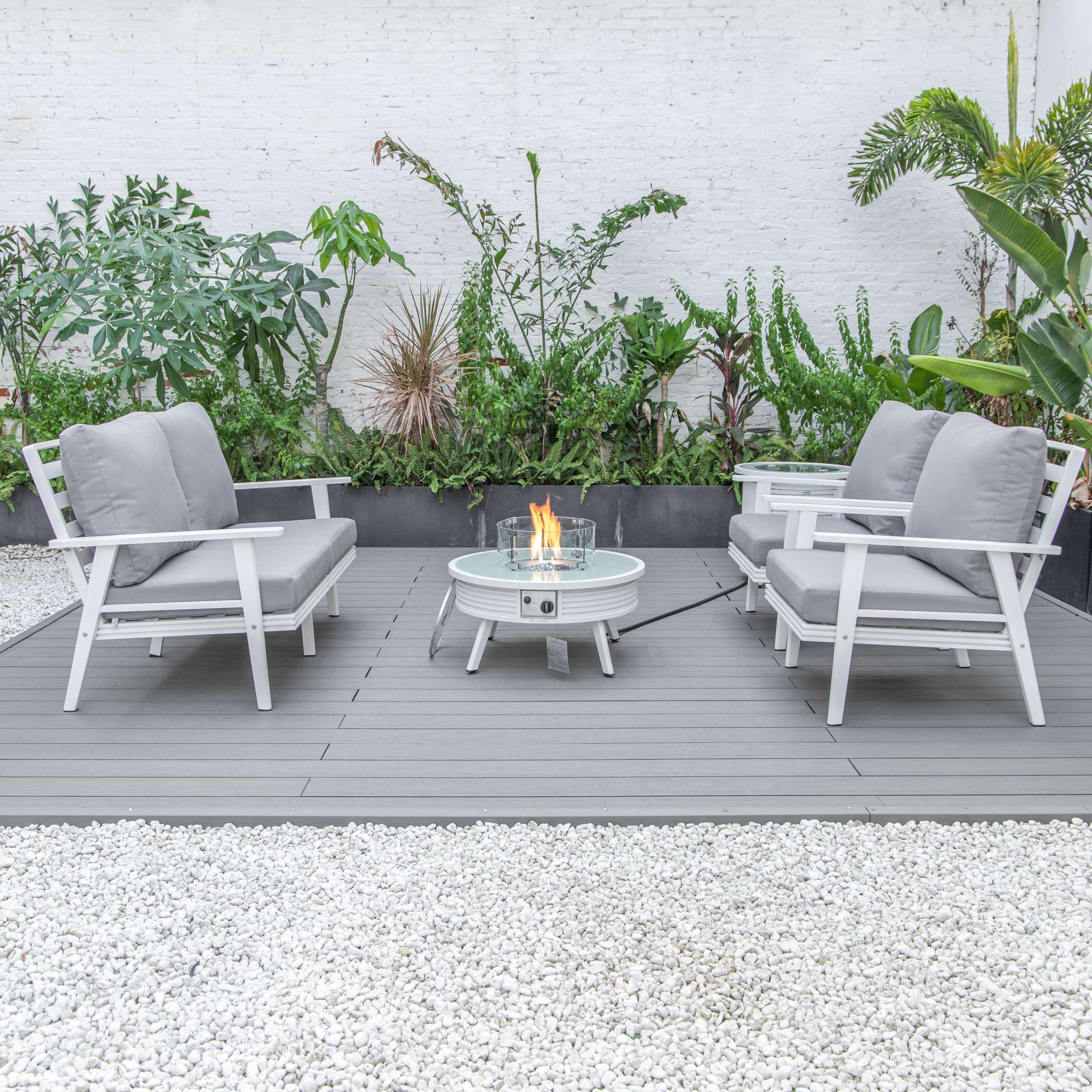 LeisureMod Walbrooke Modern White Patio Conversation With Round Fire Pit & Tank Holder - Image 59