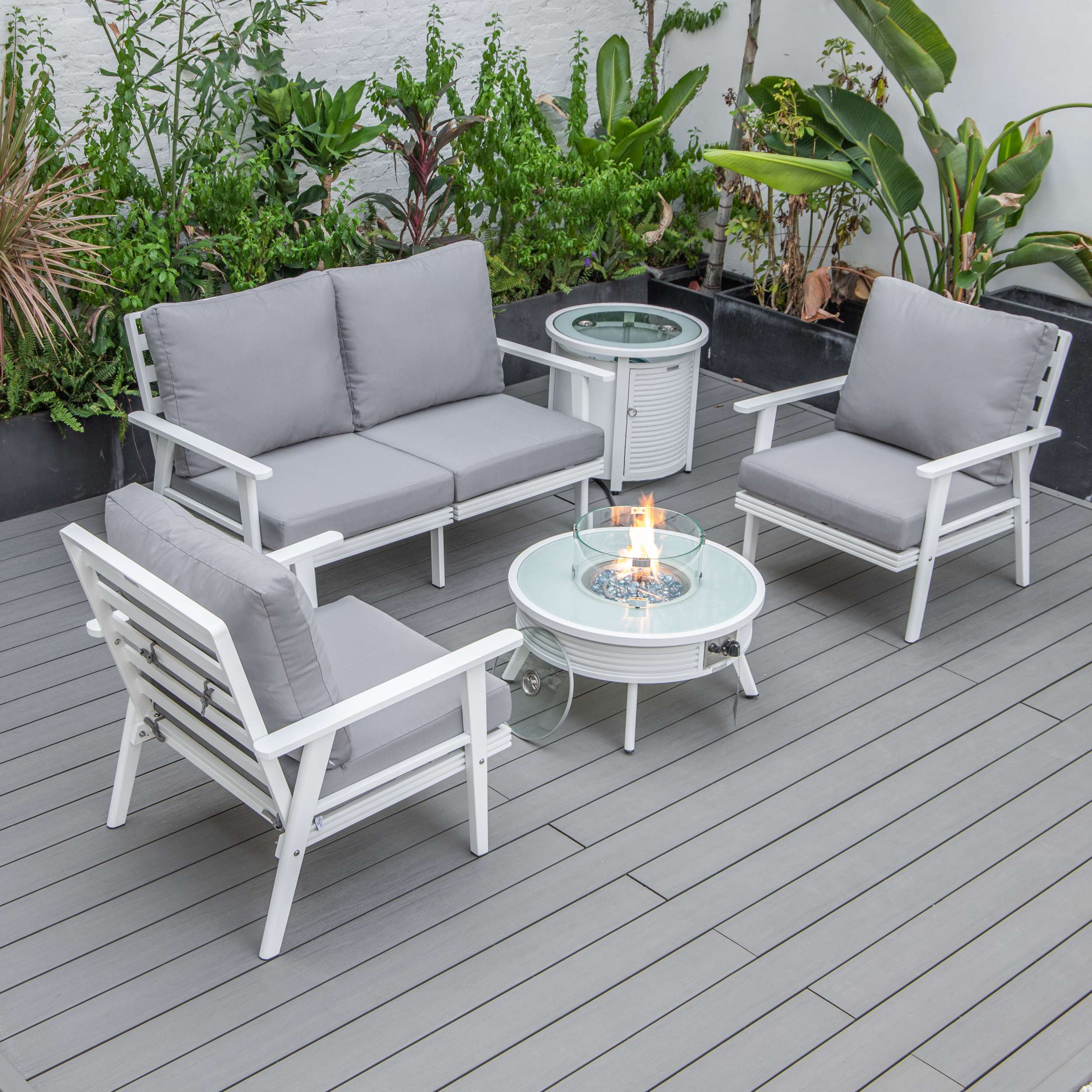 LeisureMod Walbrooke Modern White Patio Conversation With Round Fire Pit & Tank Holder - Image 67
