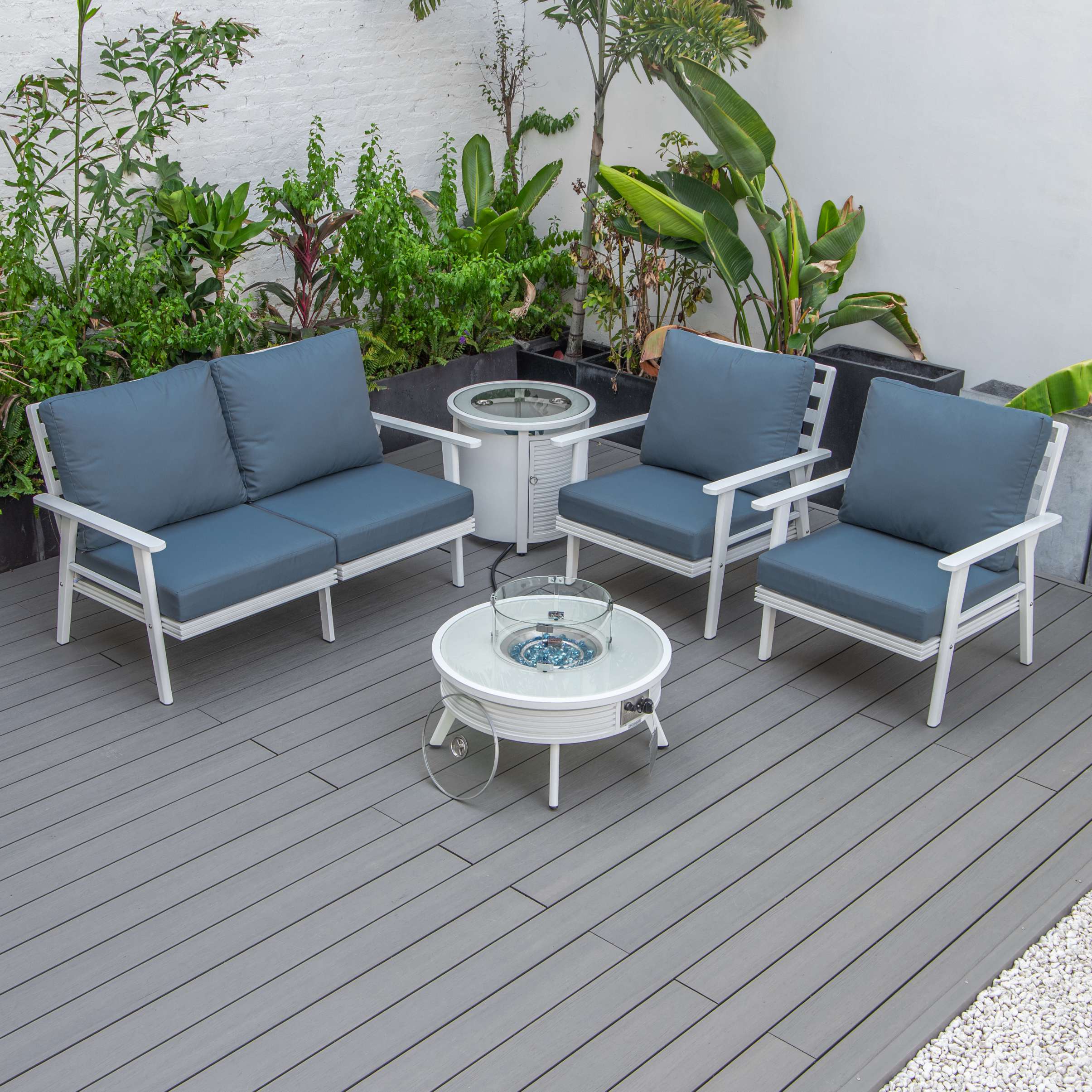 LeisureMod Walbrooke Modern White Patio Conversation With Round Fire Pit & Tank Holder - Image 74
