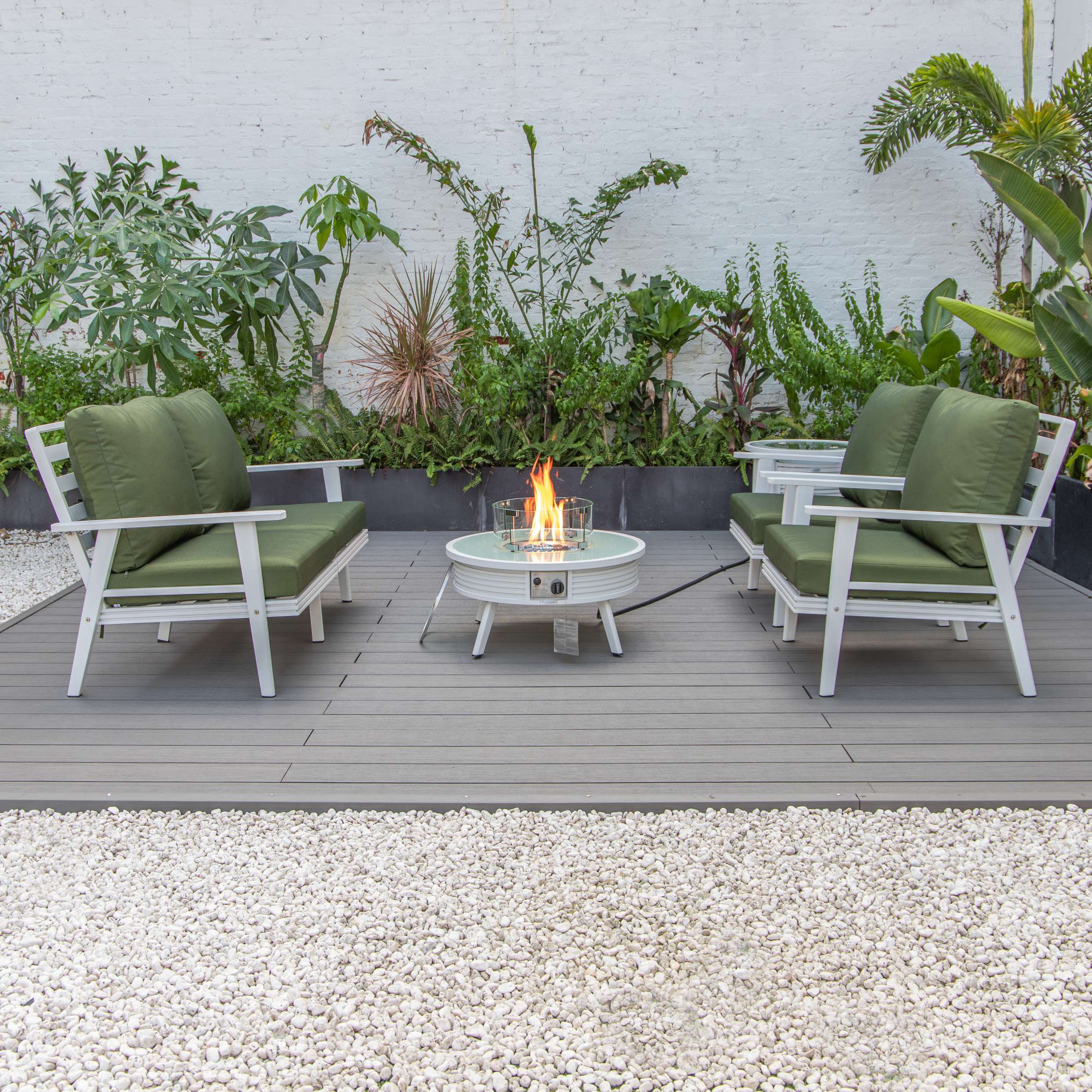LeisureMod Walbrooke Modern White Patio Conversation With Round Fire Pit & Tank Holder - Image 85
