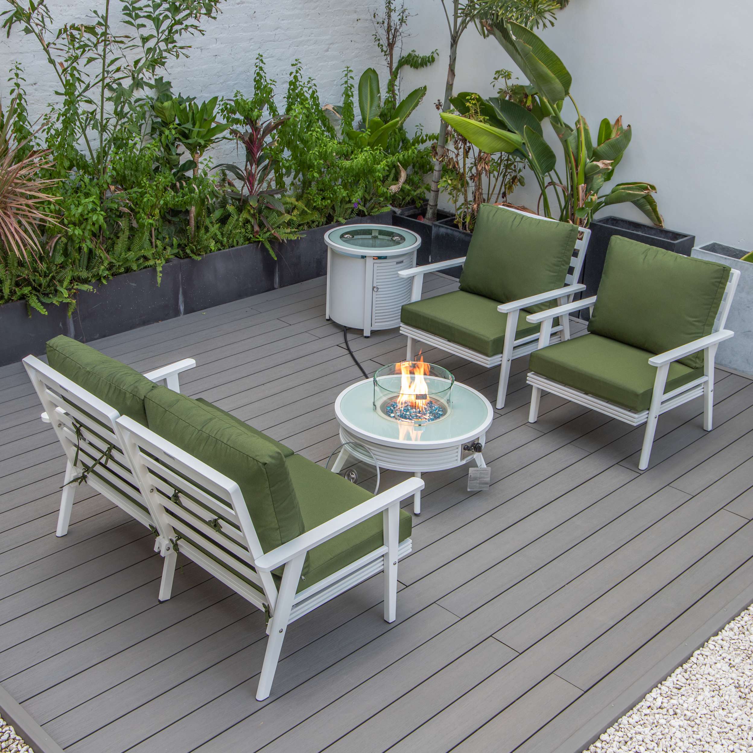 LeisureMod Walbrooke Modern White Patio Conversation With Round Fire Pit & Tank Holder - Image 86