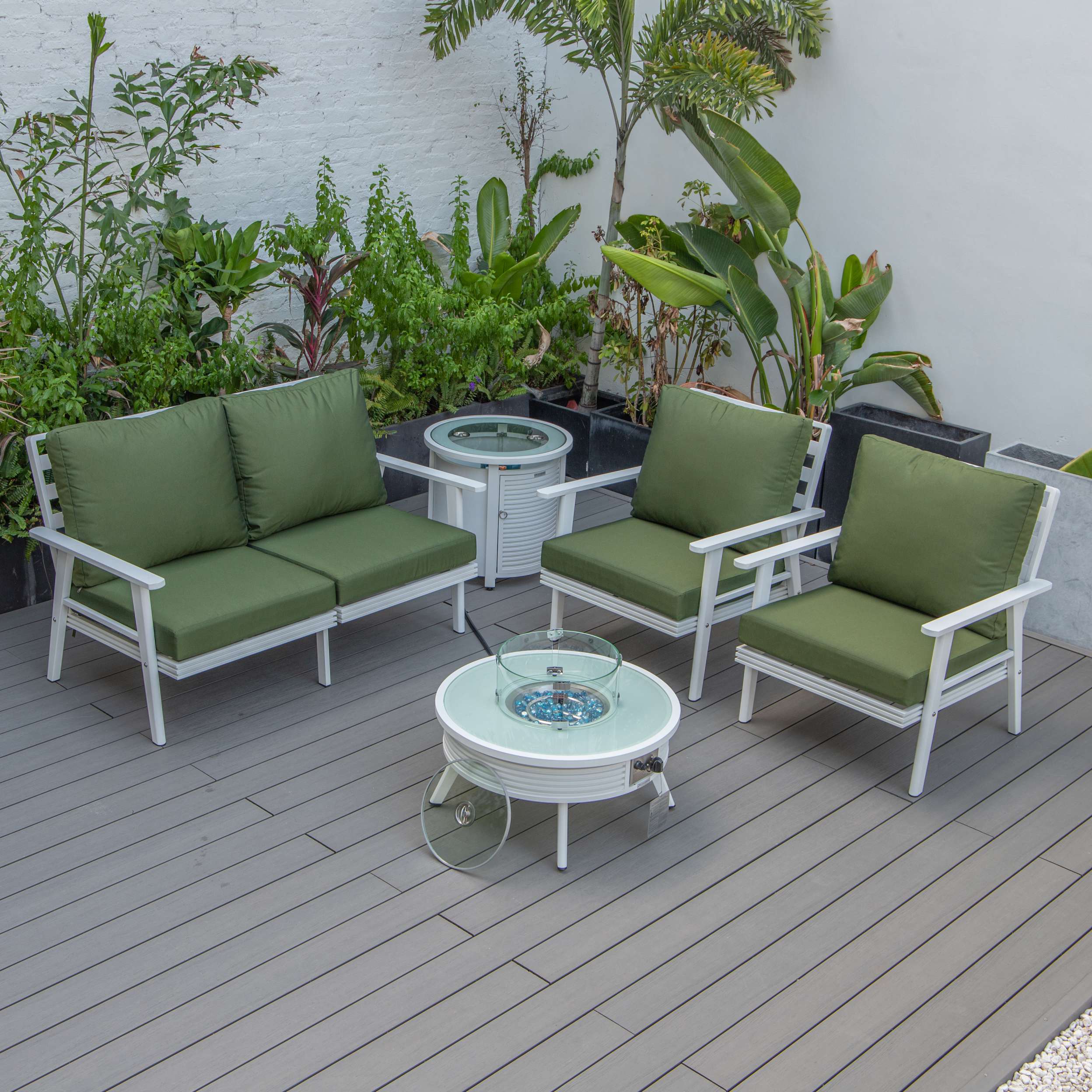 LeisureMod Walbrooke Modern White Patio Conversation With Round Fire Pit & Tank Holder - Image 87
