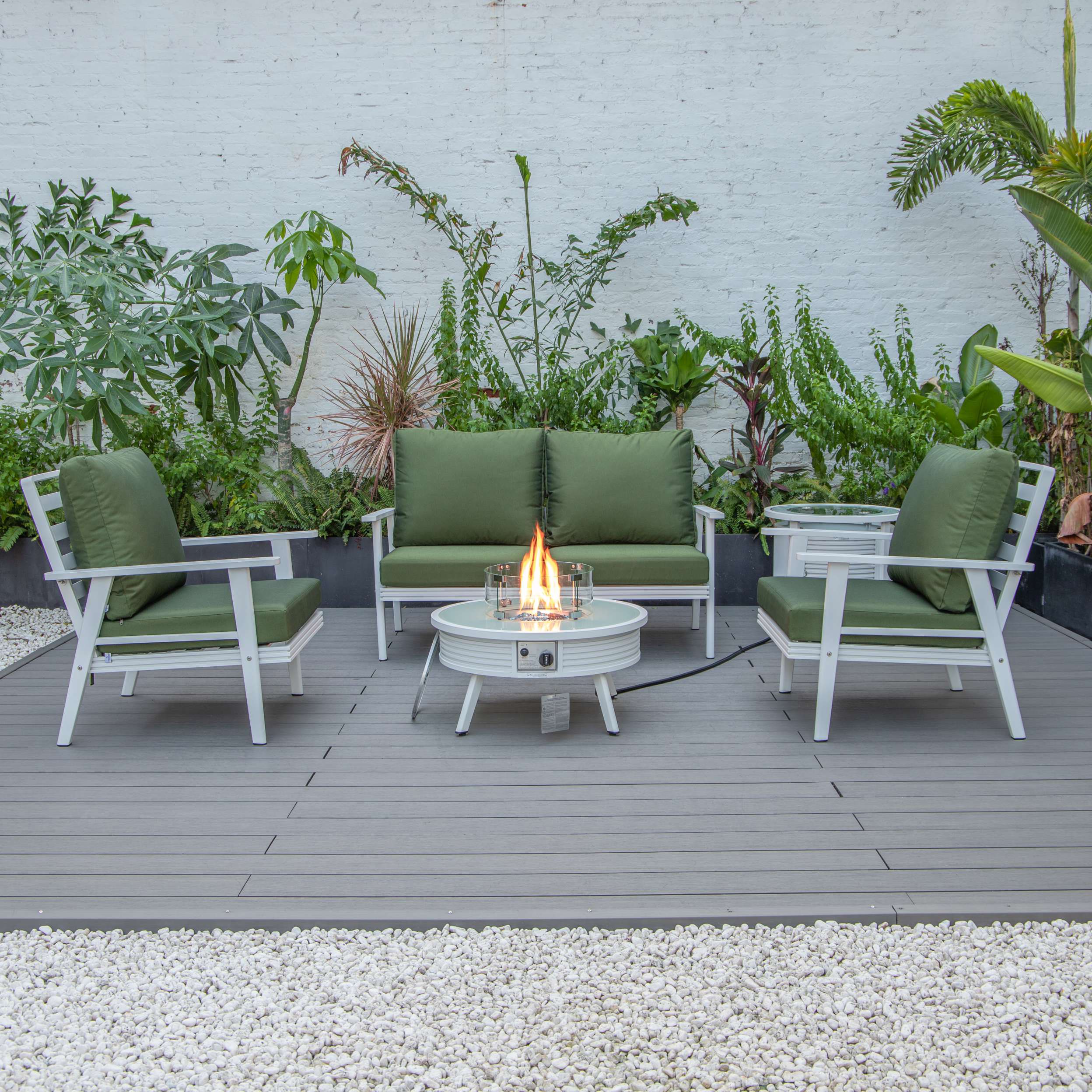 LeisureMod Walbrooke Modern White Patio Conversation With Round Fire Pit & Tank Holder - Image 89