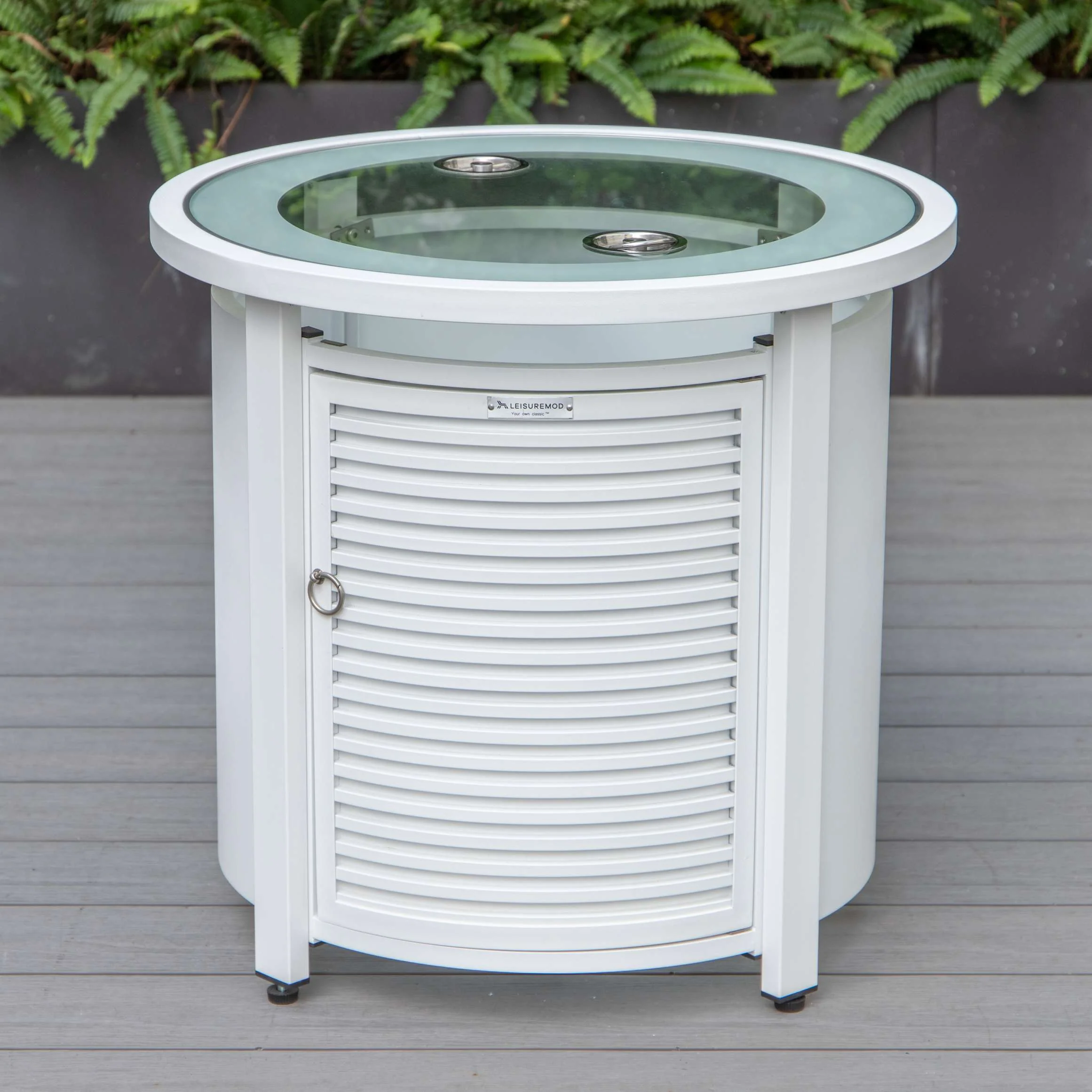 LeisureMod Walbrooke Modern White Patio Conversation With Round Fire Pit With Slats Design & Tank Holder - Image 2