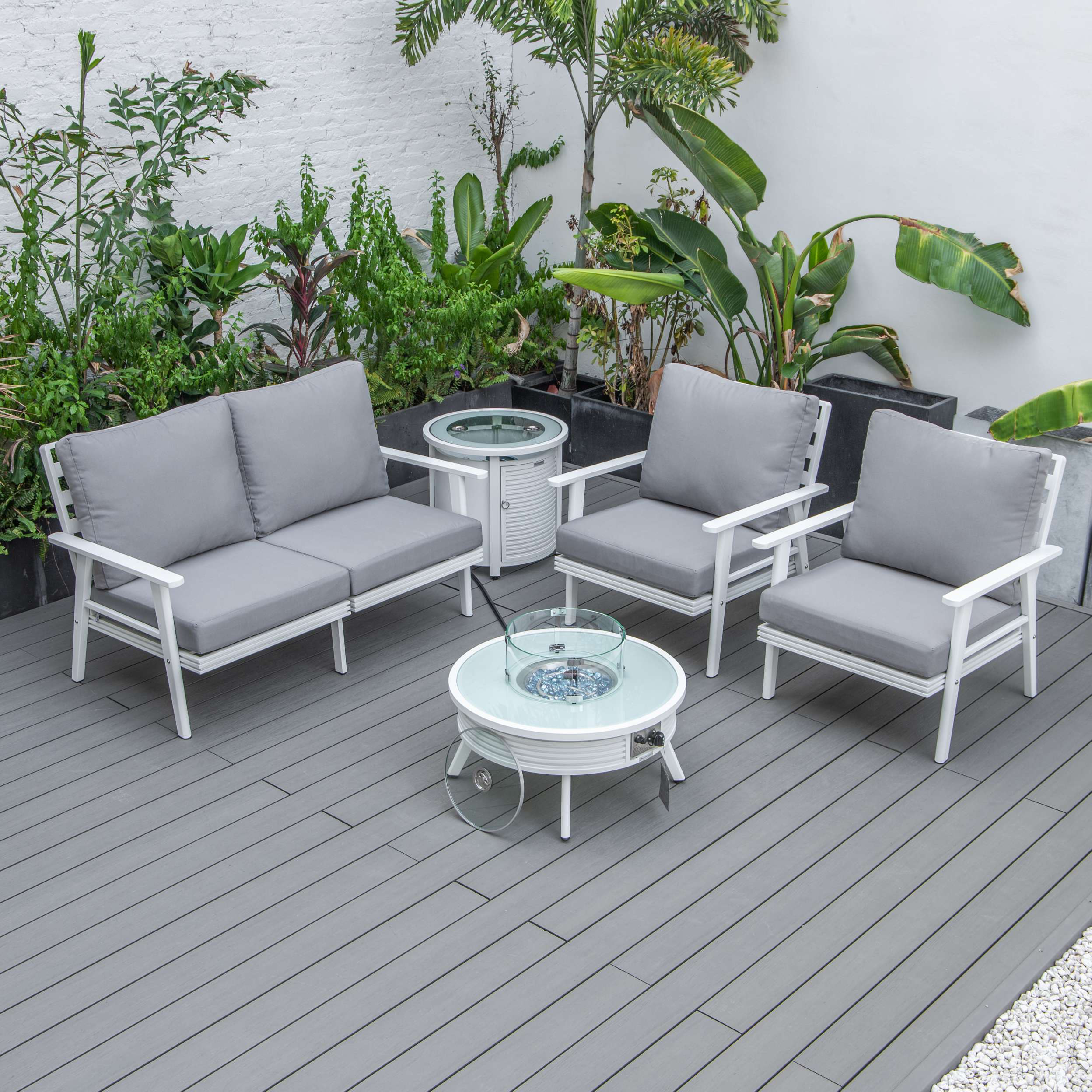 LeisureMod Walbrooke Modern White Patio Conversation With Round Fire Pit With Slats Design & Tank Holder - Image 44