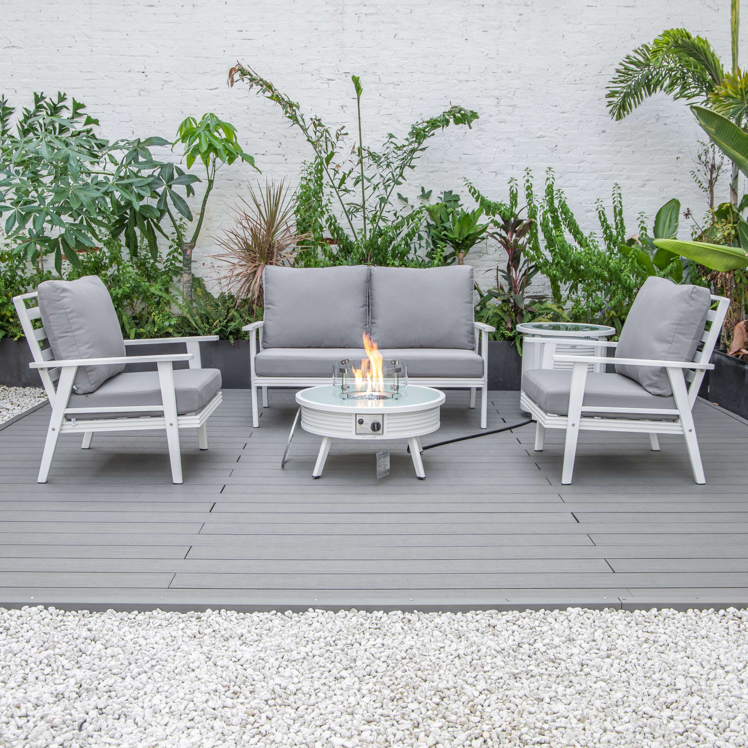LeisureMod Walbrooke Modern White Patio Conversation With Round Fire Pit With Slats Design & Tank Holder - Image 46